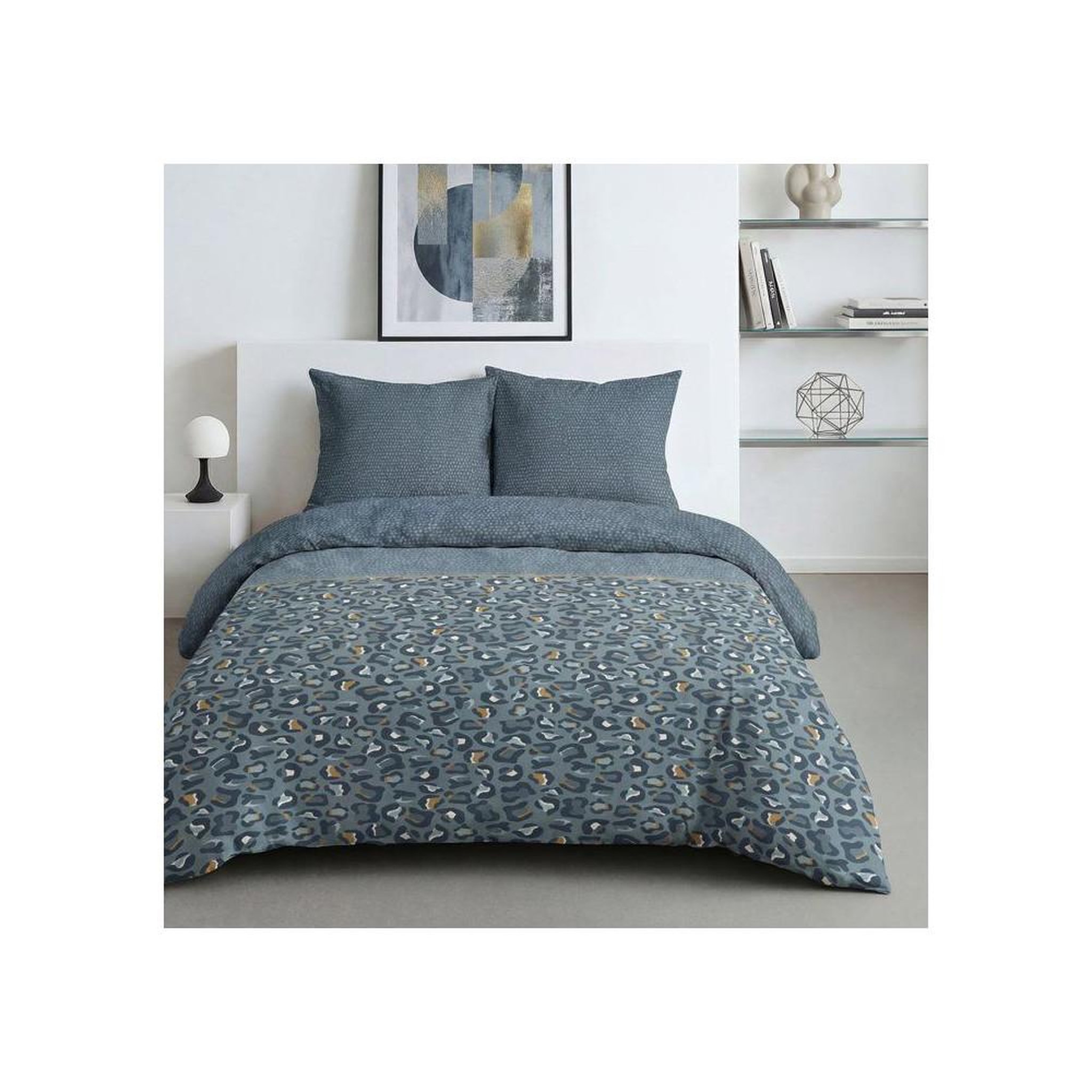 Today Parure housse de couette today sunshine en coton bleu imprimé léopard réversible 240 x 260 cm avec 2 taies 63 x 63 cm