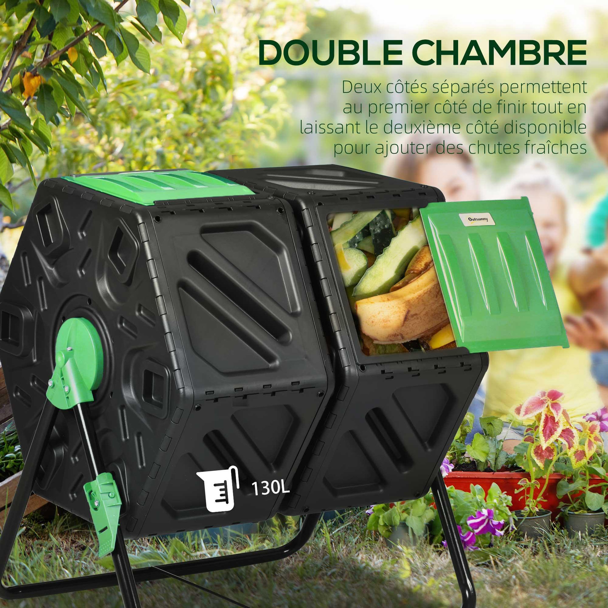Voir la diapositive 4 : OUTSUNNY Composteur de jardin - bac à compost pour déchets - rotatif 360° - double chambre 130 L - acier PP vert noir