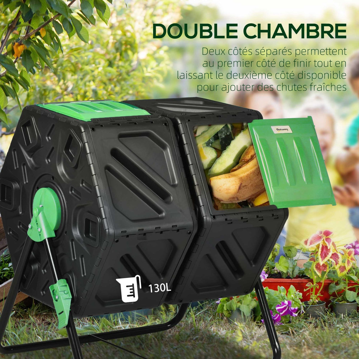 OUTSUNNY Composteur de jardin - bac à compost pour déchets - rotatif 360° - double chambre 130 L - acier PP vert noir