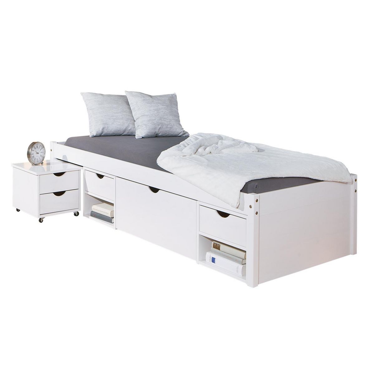 Lit 1 place en pin massif  avec rangement et sommier  90x200 cm SLEEP