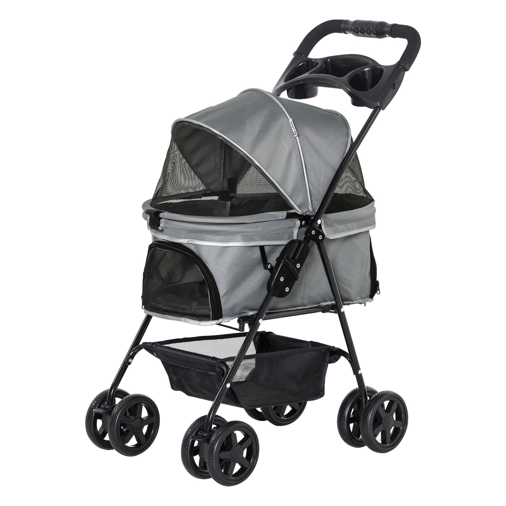 PAWHUT Poussette buggy pliable chien chat panier rangement porte-gobelets tissu 300d oxford imperméable 4 roues gris