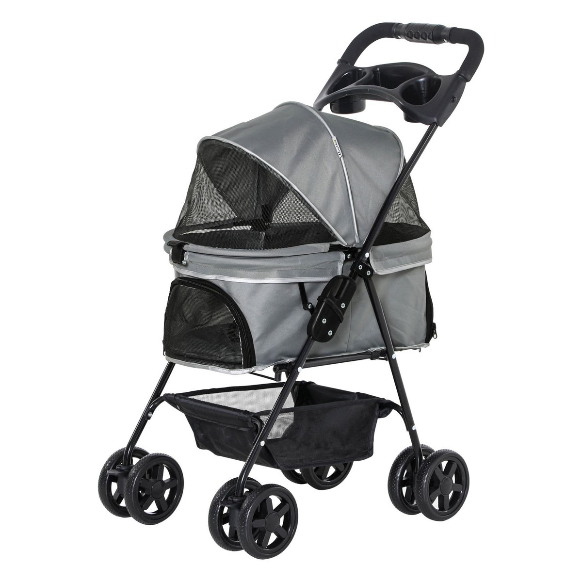 PAWHUT Poussette buggy pliable chien chat panier rangement porte-gobelets tissu 300D Oxford imperméable 4 roues gris