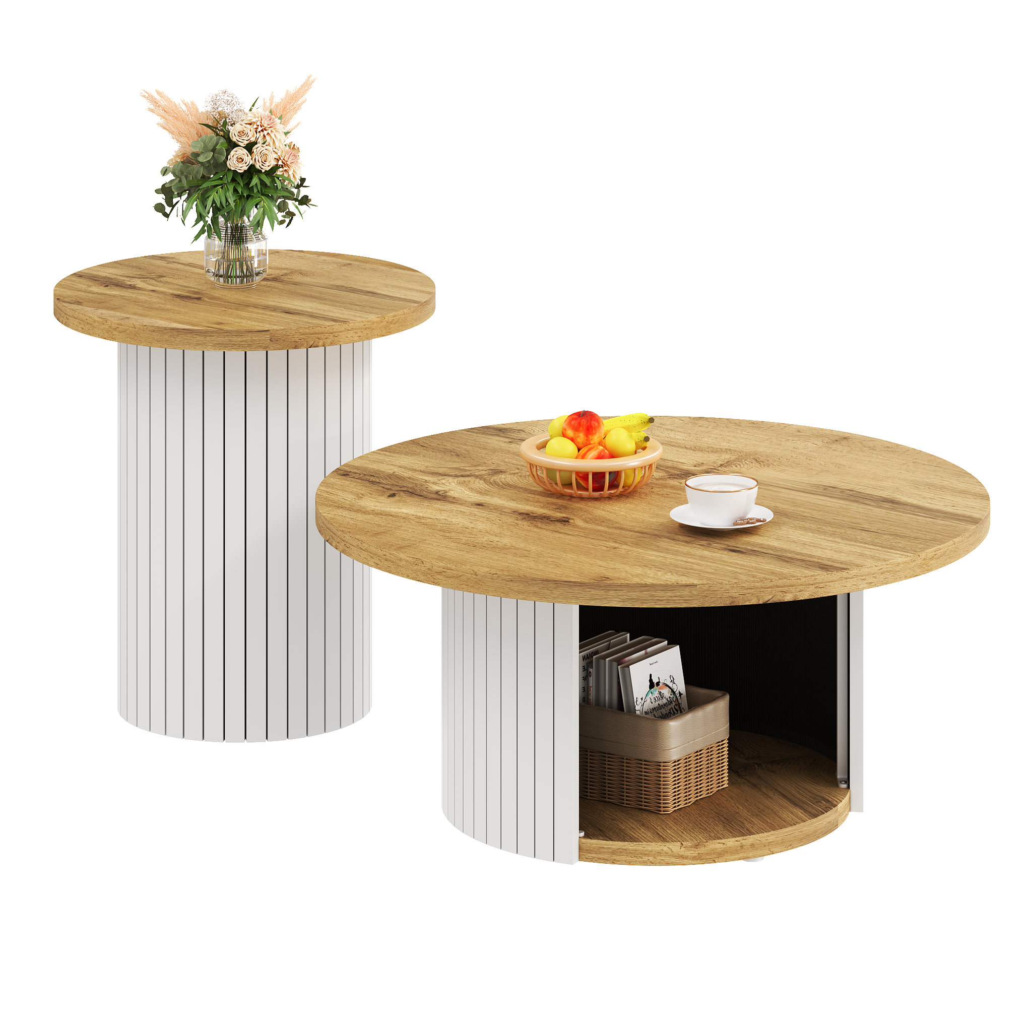 MERAX Table basse gigogne ronde blanc+naturel - 75x75 cm mdf