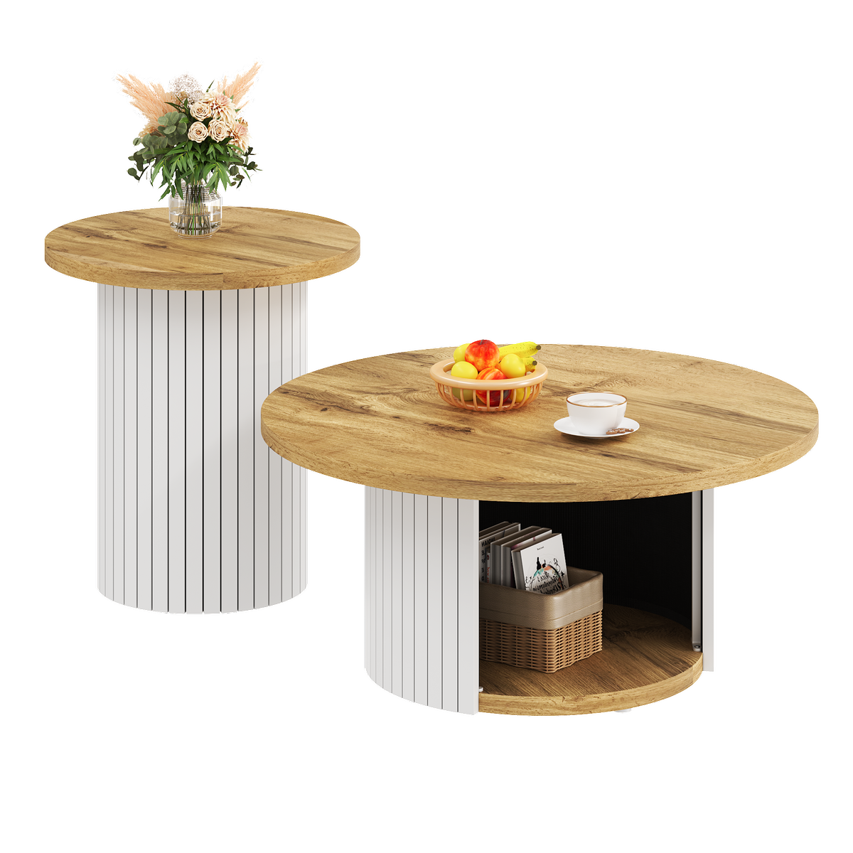 MERAX Table basse gigogne ronde blanc+naturel - 75x75 cm mdf