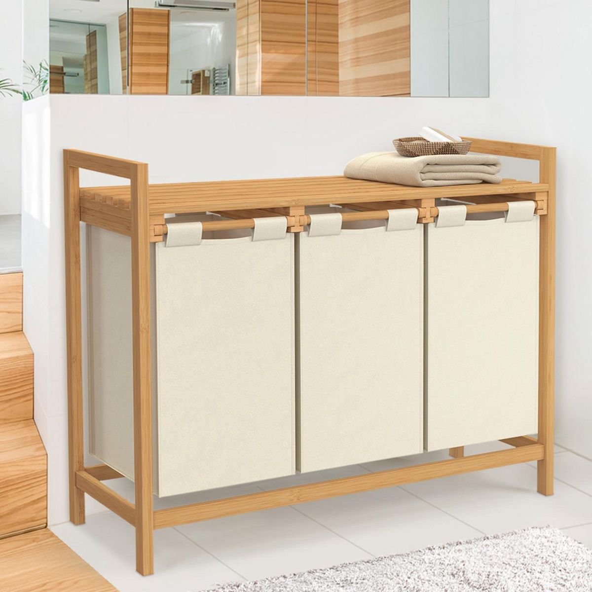 ID MARKET Panier à linge 3 bacs bambou BEA tissu écru