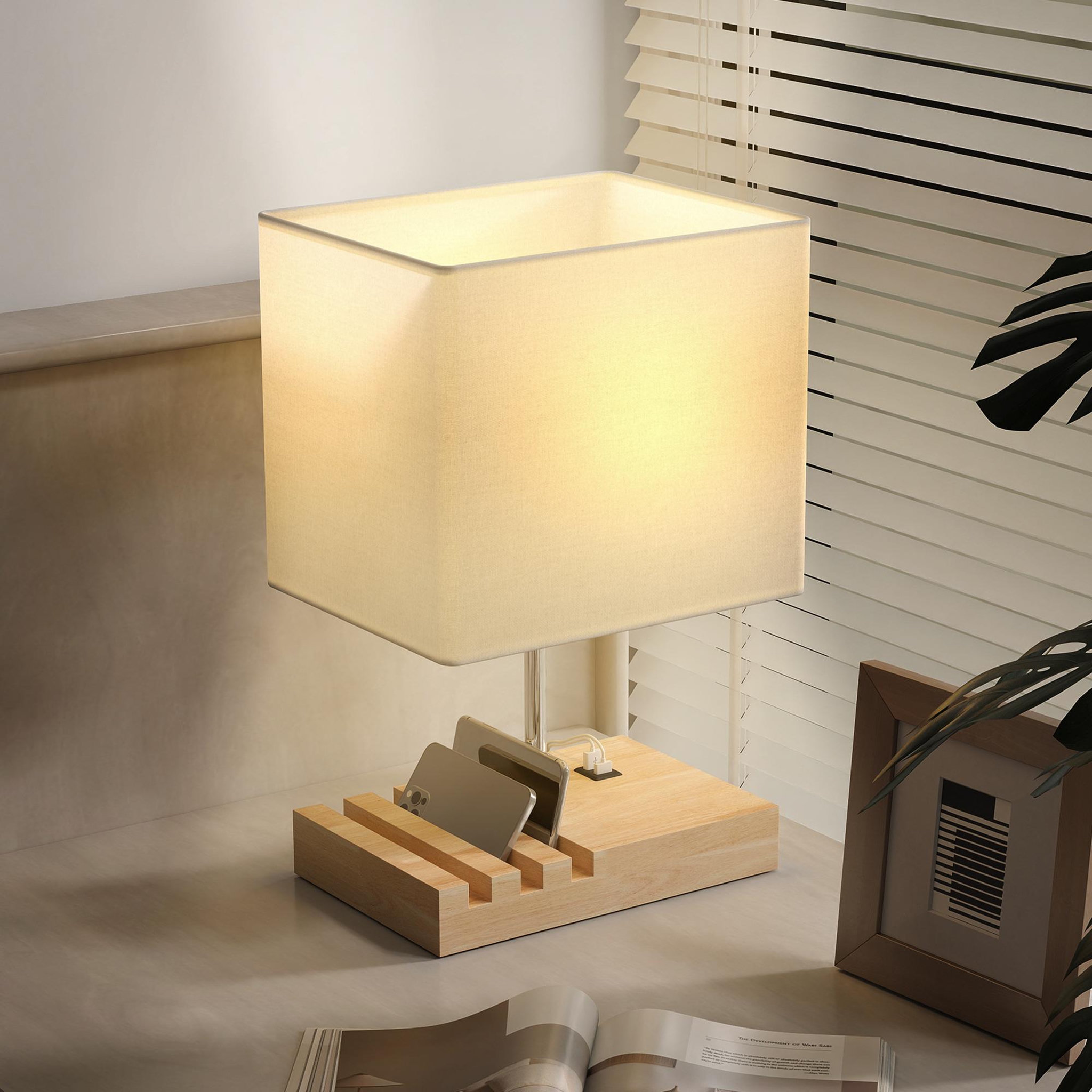 Voir la diapositive 2 : HOMCOM Lampe de chevet station de charge 2 en 1 USB A+C - 3 supports téléphone - bois clair blanc
