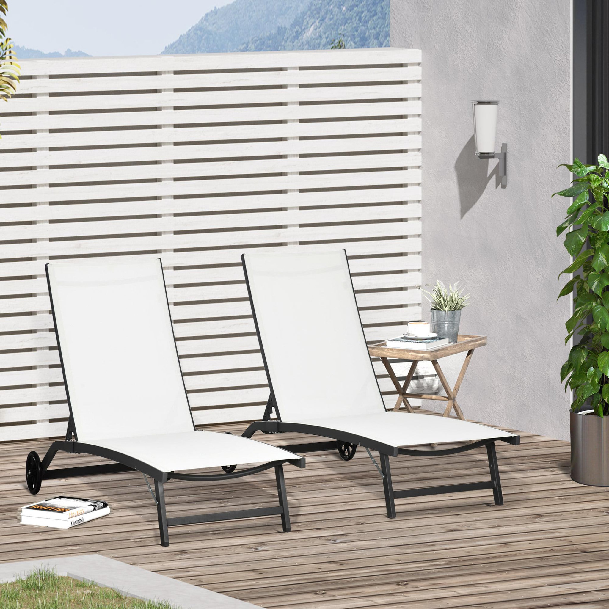 Voir la diapositive 6 : OUTSUNNY Lot de 2 bains de soleil transats inclinables - 2 roulettes - alu. textilène crème