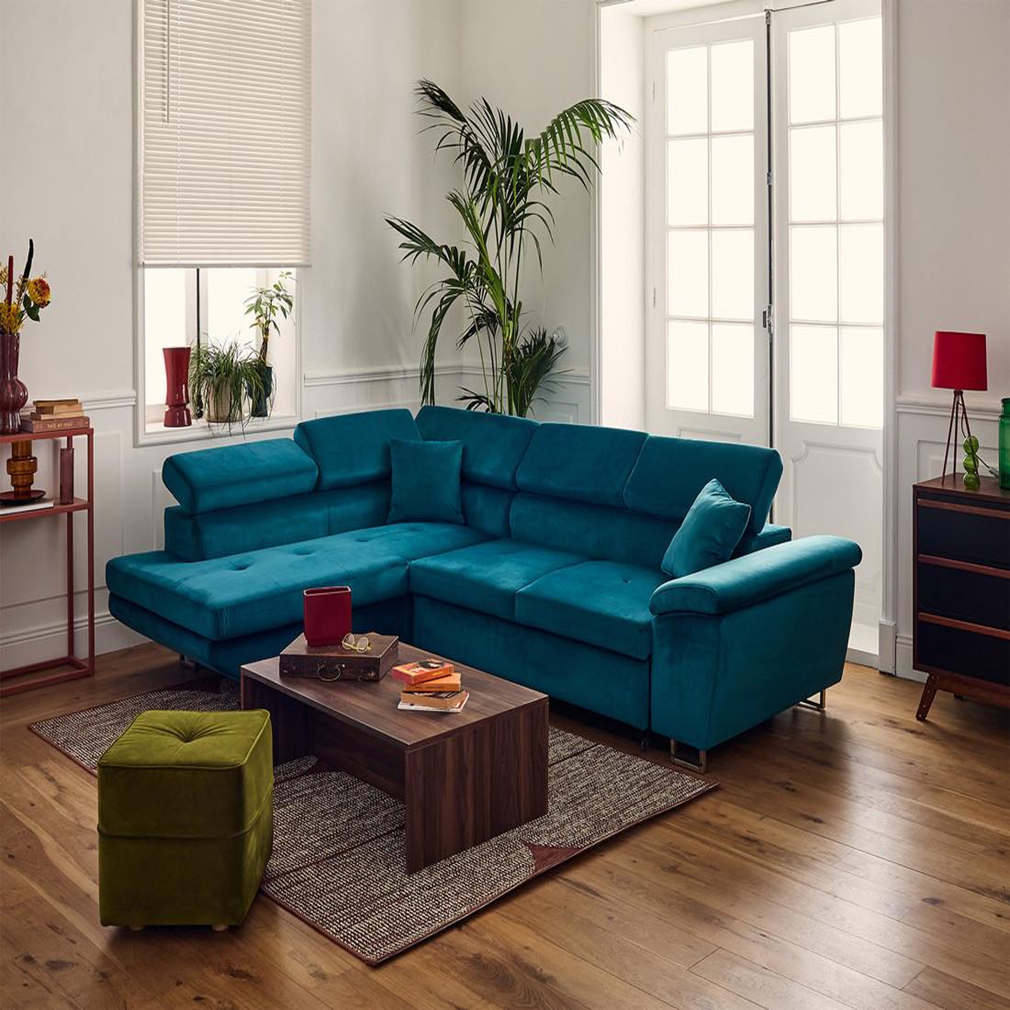 Voir la diapositive 5 : BEST MOBILIER Dimas - canapé d'angle gauche 5 places - convertible avec coffre et têtières réglables - en velours