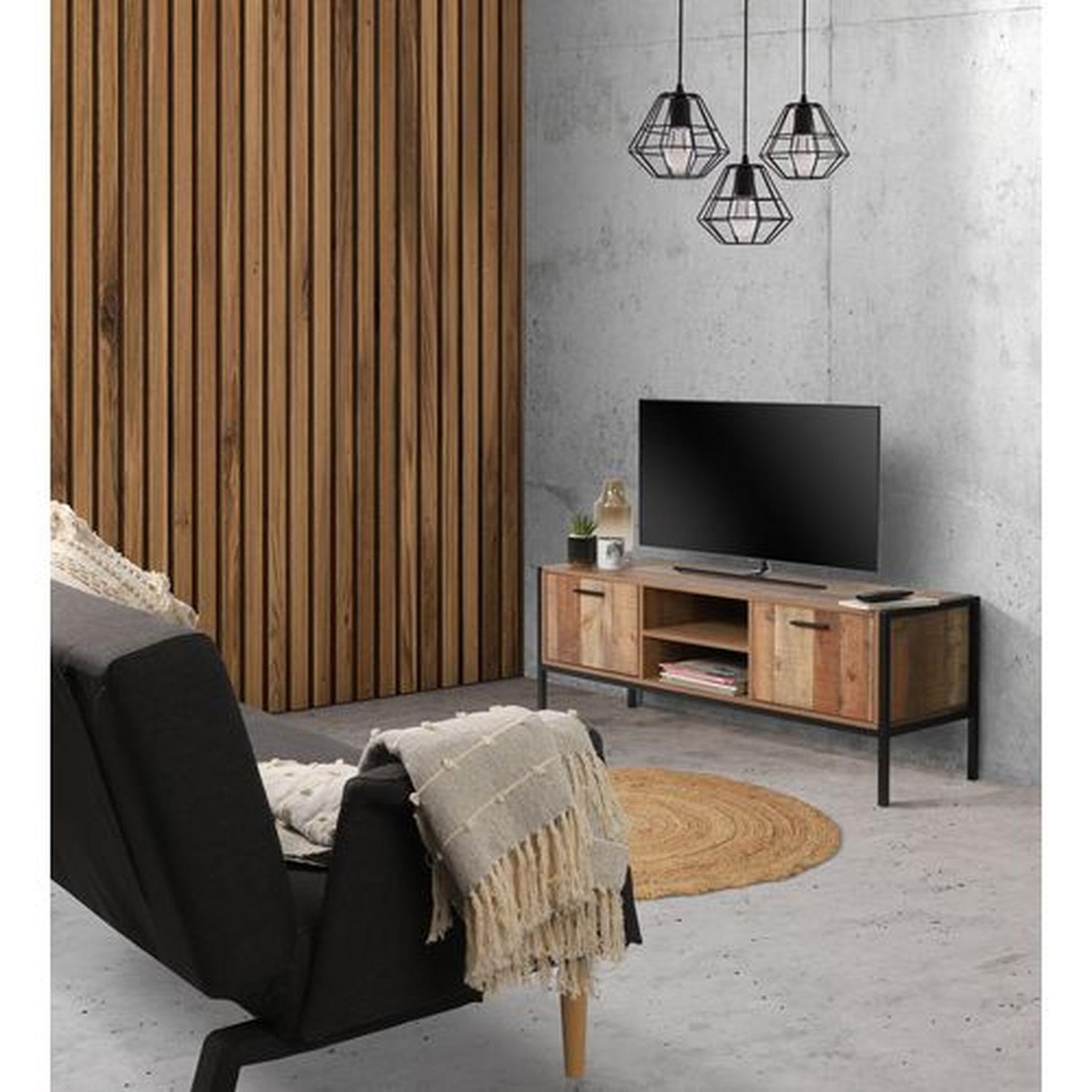 Voir la diapositive 2 : TOILINUX Meuble tv riverside - 2 portes - largeur 124 cm - métal et bois