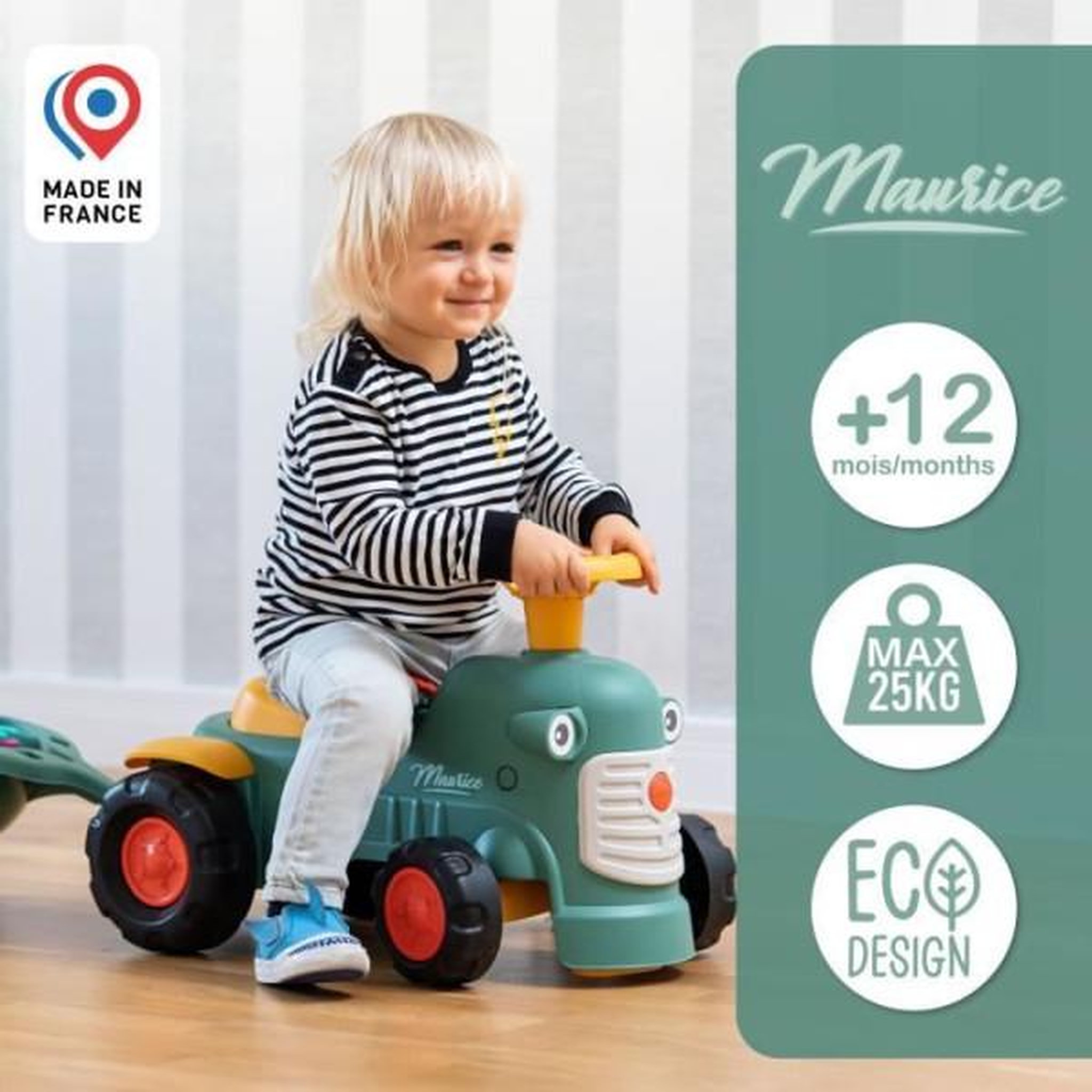 Voir la diapositive 4 : FALK Porteur Trotteur  tracteur Maurice - FALK - Volant directionnel et remorque - 100% Fabriqué en France - 90% de plastique recyclé - Des 1