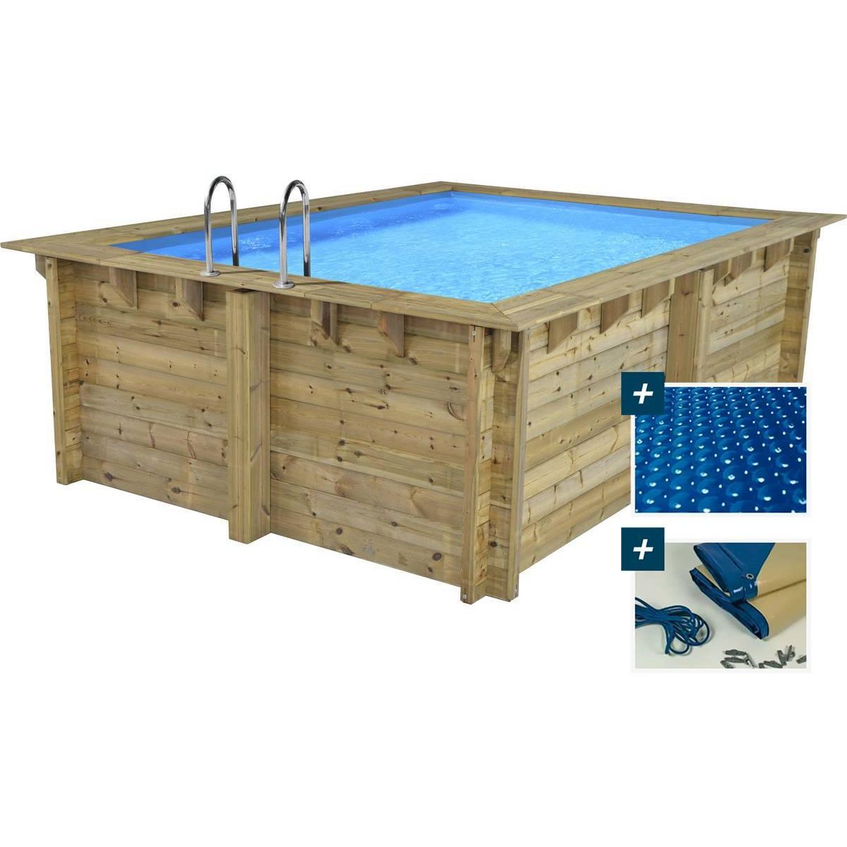 Habitat et Jardin Piscine bois rectangle   Caimans 120    - 4.10 x 3.00 x 1.24  m + Bâche à bulles 180 µ - Bâche hiver 280 g/m²
