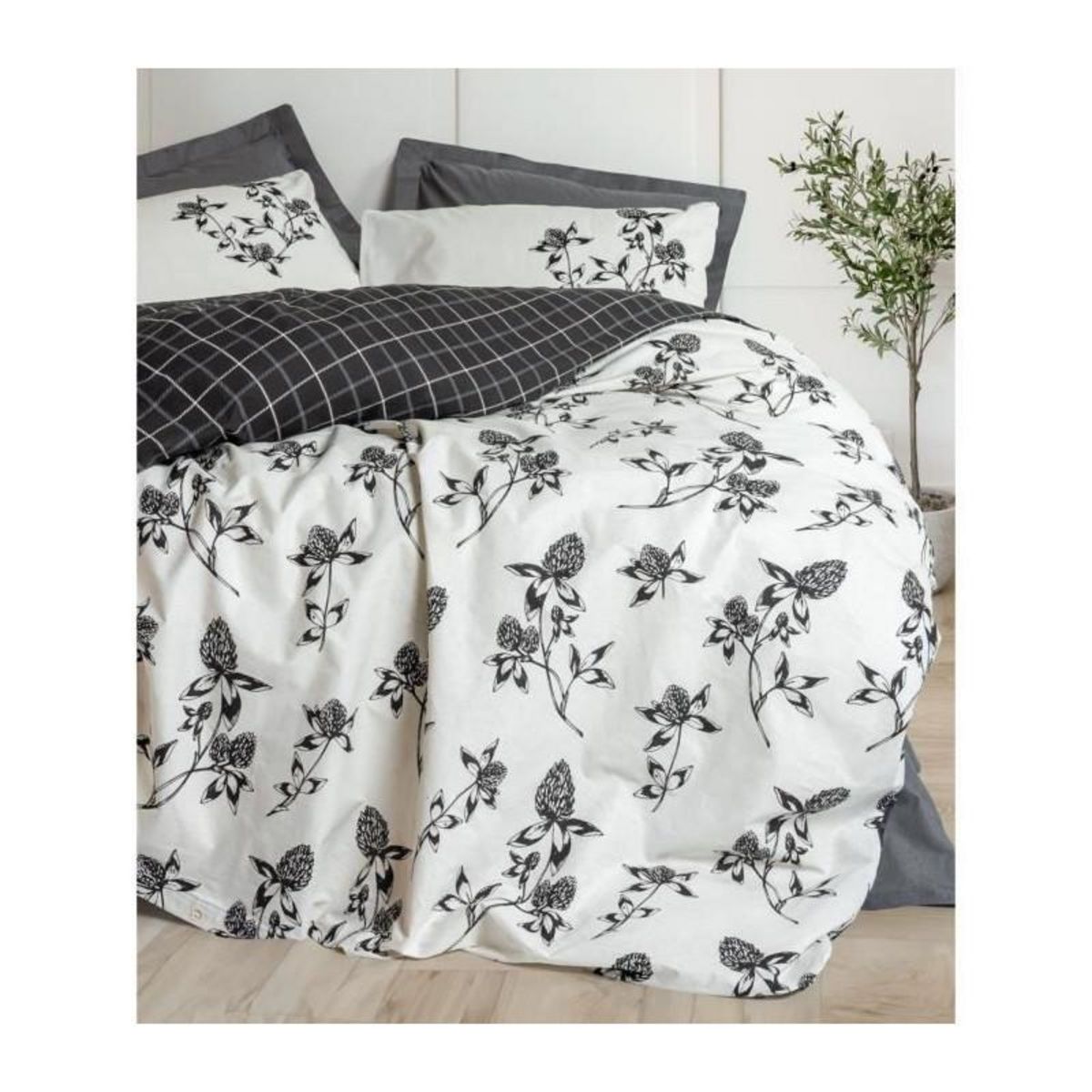 GENERIQUE Parure de lit - 129CTN64832 - 1 housse de couette 220 x 240 cm + 2 taies d'oreiller 60 x 60 cm - 100% coton ranforcé - Anthraci