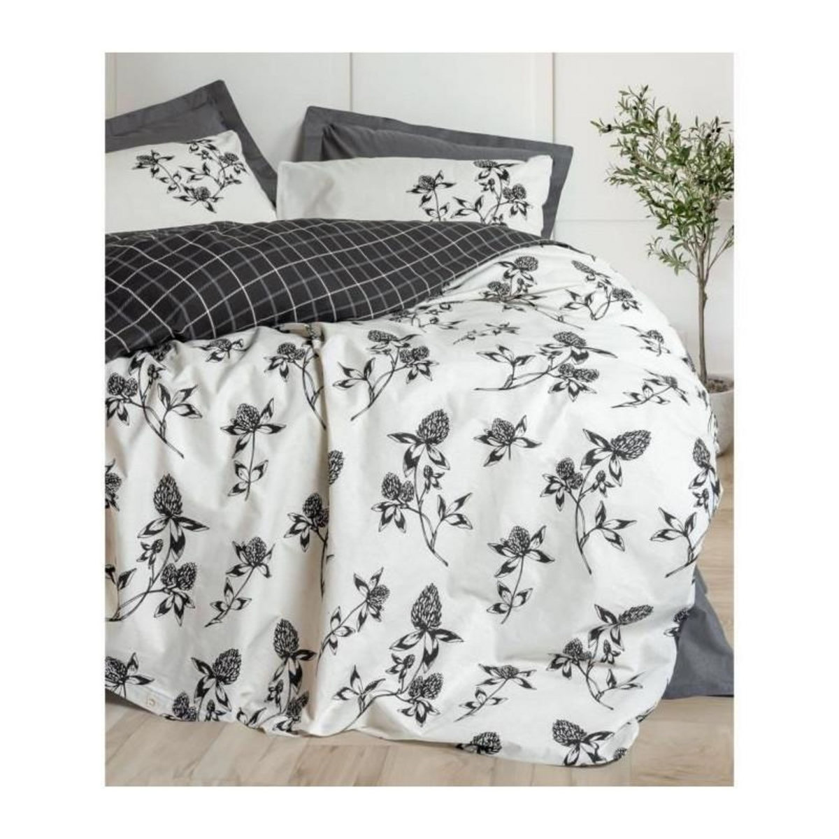 GENERIQUE Parure de lit - 129CTN64832 - 1 housse de couette 220 x 240 cm + 2 taies d'oreiller 60 x 60 cm - 100% coton ranforcé - Anthraci