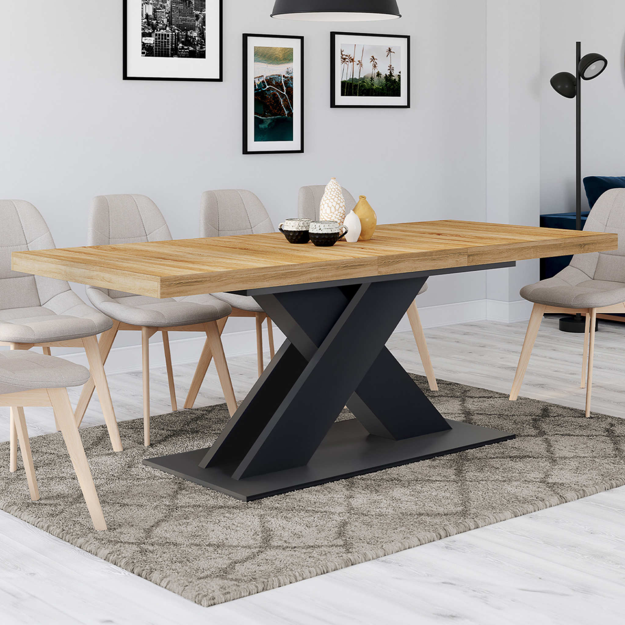 Voir la diapositive 2 : ID MARKET Table à manger extensible rectangle alicia 6-10 personnes bois et noir 160-200 cm
