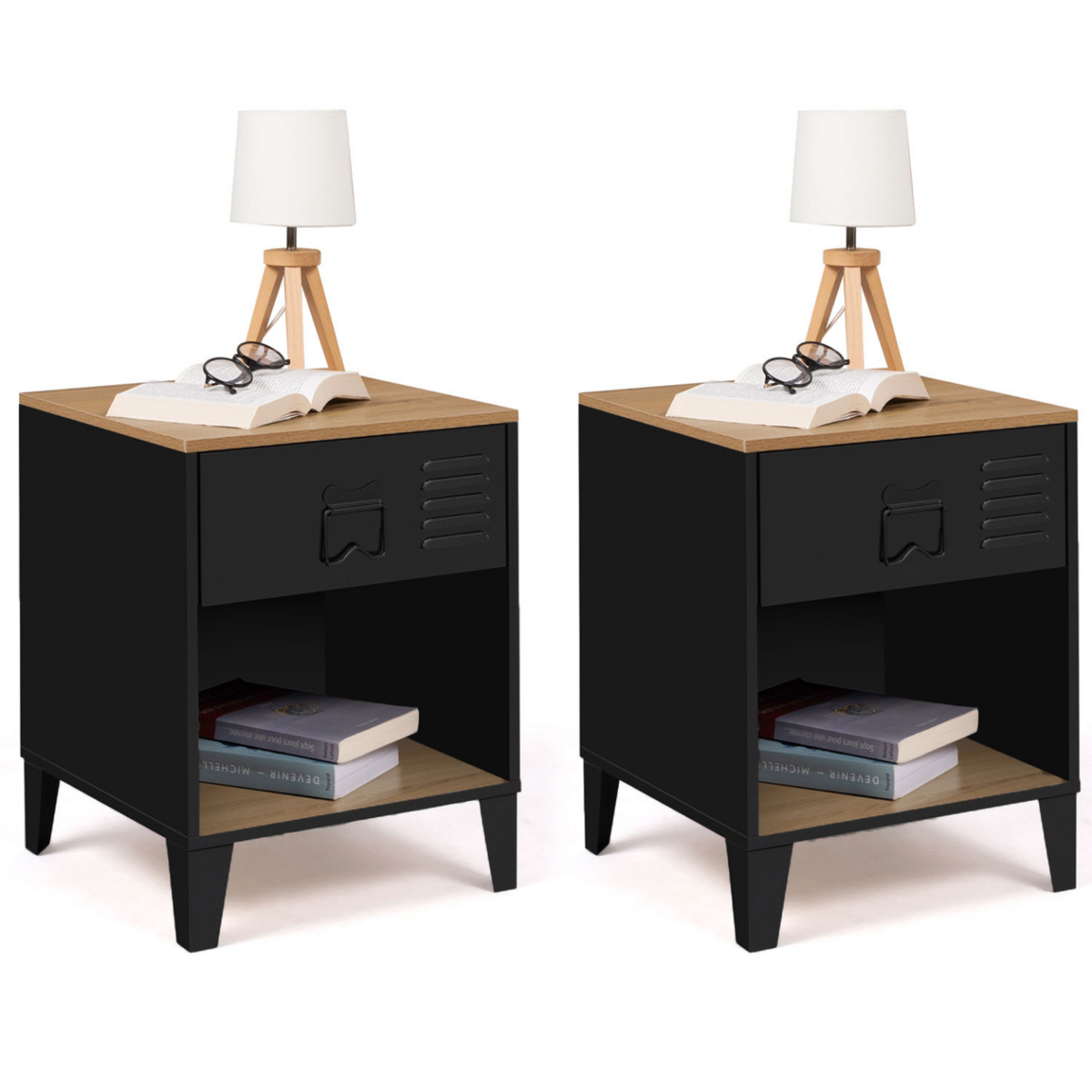 ID MARKET Lot de 2 tables de chevet ESTER 1 tiroir métal noir avec niche et plateau façon hêtre design industriel