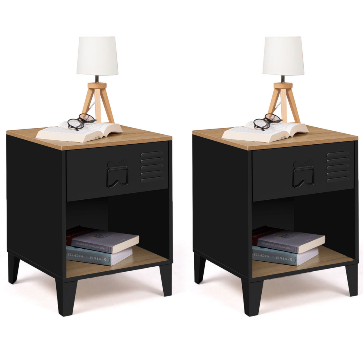 ID MARKET Lot de 2 tables de chevet ESTER 1 tiroir métal noir avec niche et plateau façon hêtre design industriel
