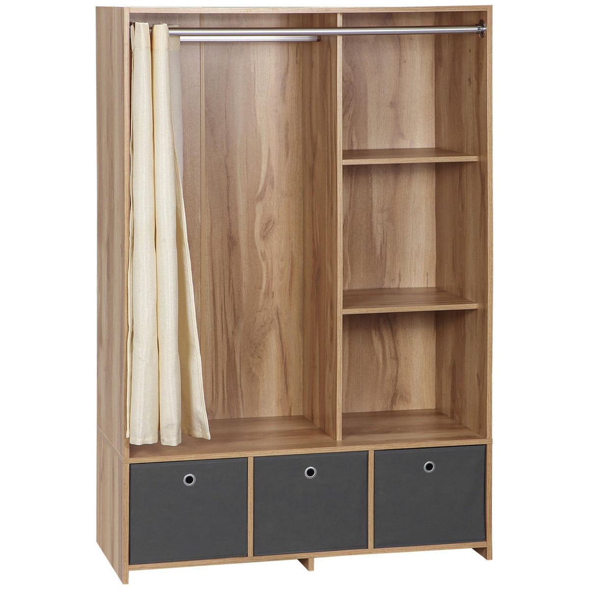 HOMCOM Vestiaire d'entrée - barre de penderie, 3 niches, 3 tiroirs tissu, rideau - panneaux aspect chêne clair polyester gris lin beige
