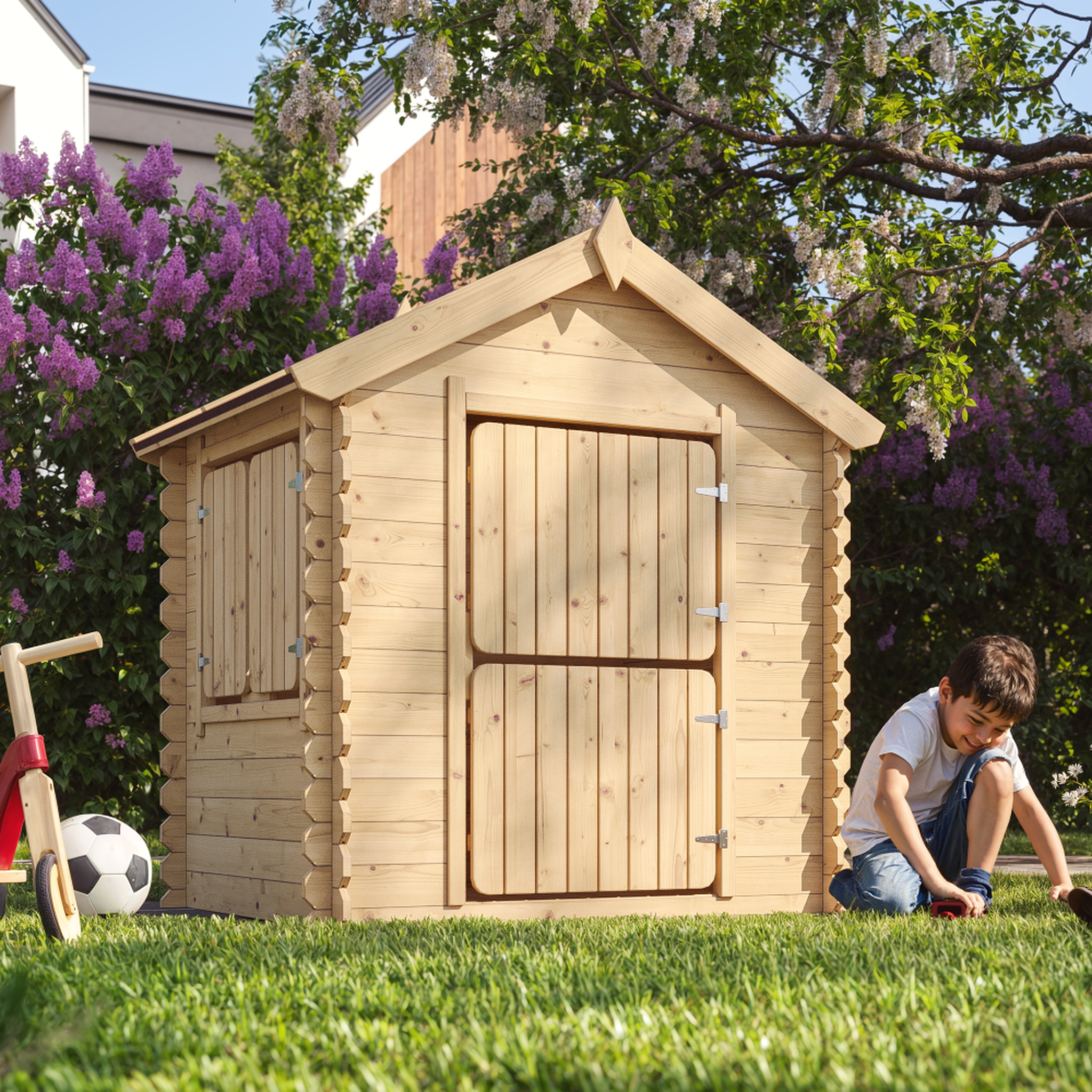 Voir la diapositive 4 : TIMBELA Cabane enfant exterieur 1.1m2 - maisonnette en bois pour enfants avec plancher 146x112xh145cm m516
