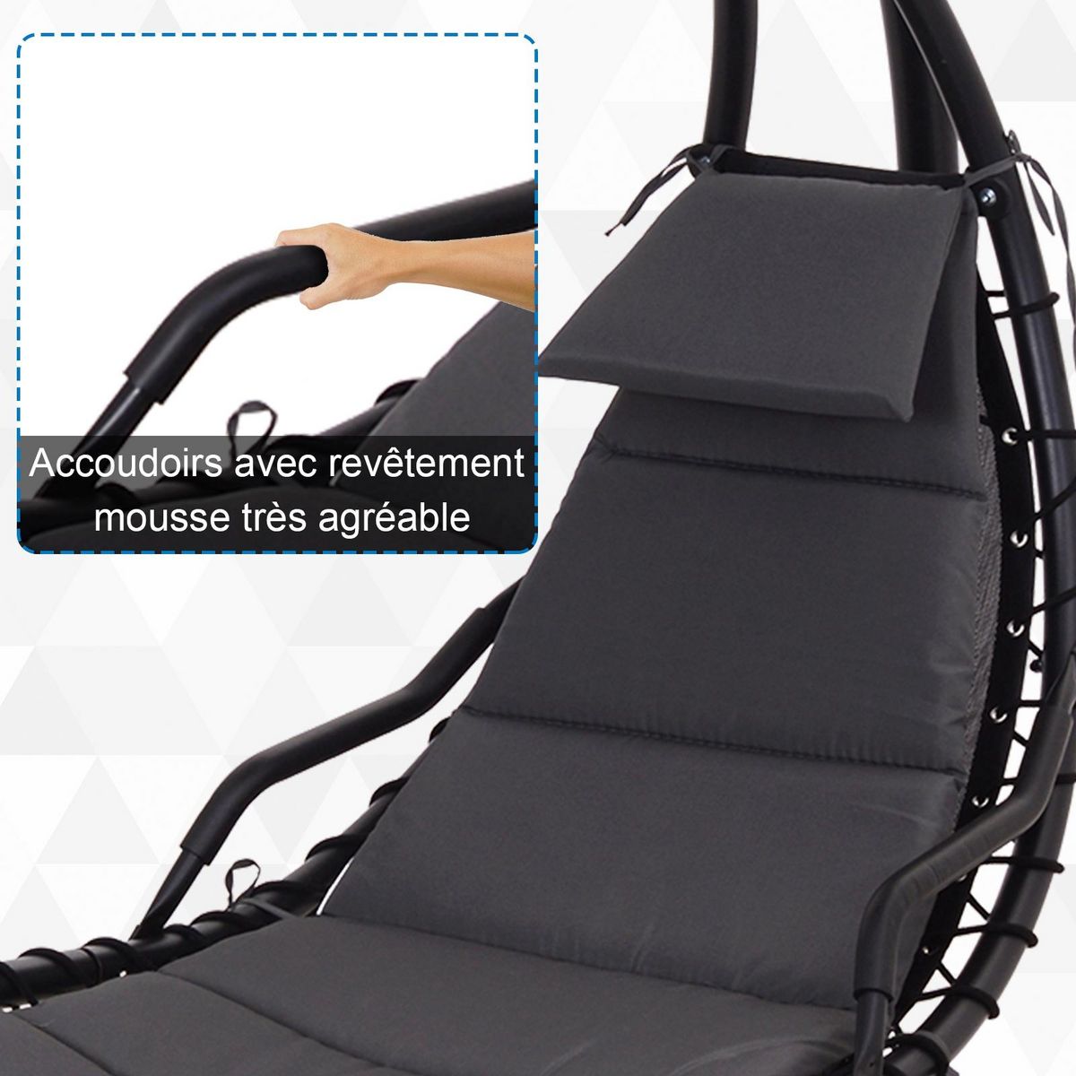 OUTSUNNY Bain de soleil transat suspendu avec pare-soleil et matelas design contemporain 190L x 115l x 190H cm acier polyester gris foncé noir