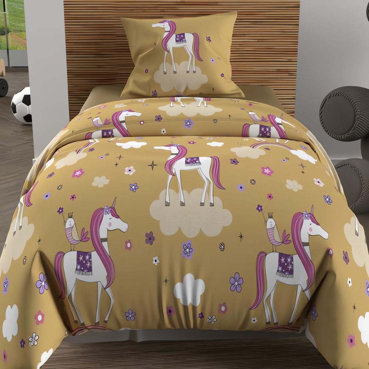 SOLEIL D'OCRE Ensemble couette et parure 5 Pièces LICORNES jaune pour lit en 90x190 cm, par Soleil d'ocre