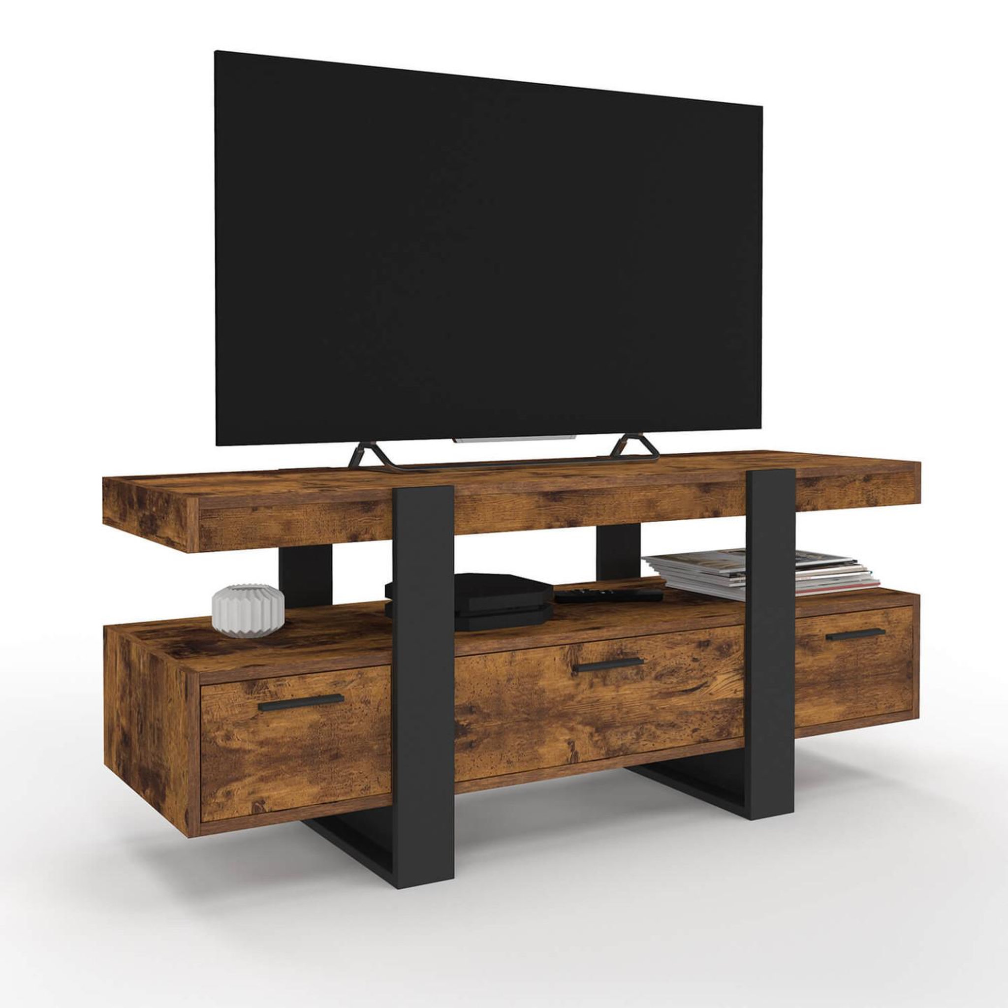 ID MARKET Meuble tv 116 cm phoenix avec tiroirs bois effet vieilli et noir
