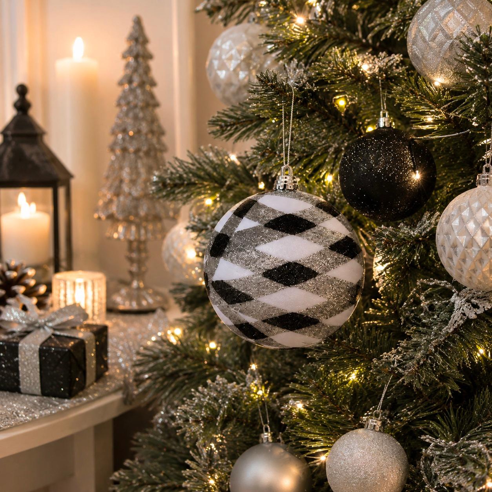 Voir la diapositive 3 : Eden Boule de décoration de sapion de noël pailletée  blanc argenté et noir