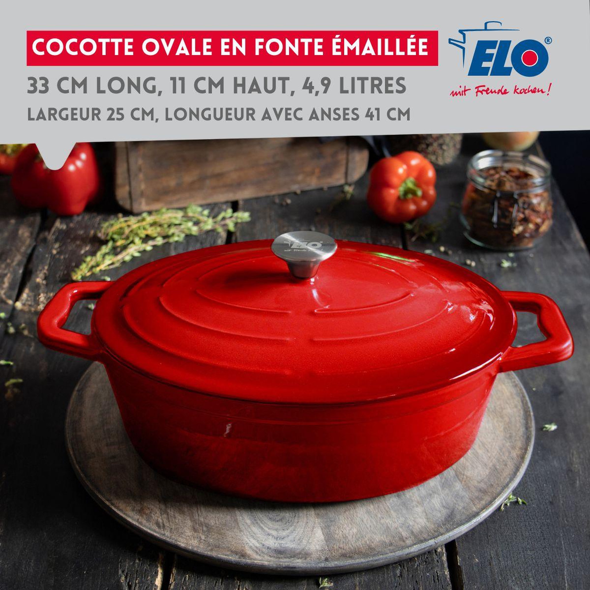 Voir la diapositive 2 : ELO Cocotte ovale en fonte émaillée 33 cm de long rouge cerise 4,9 L Elo