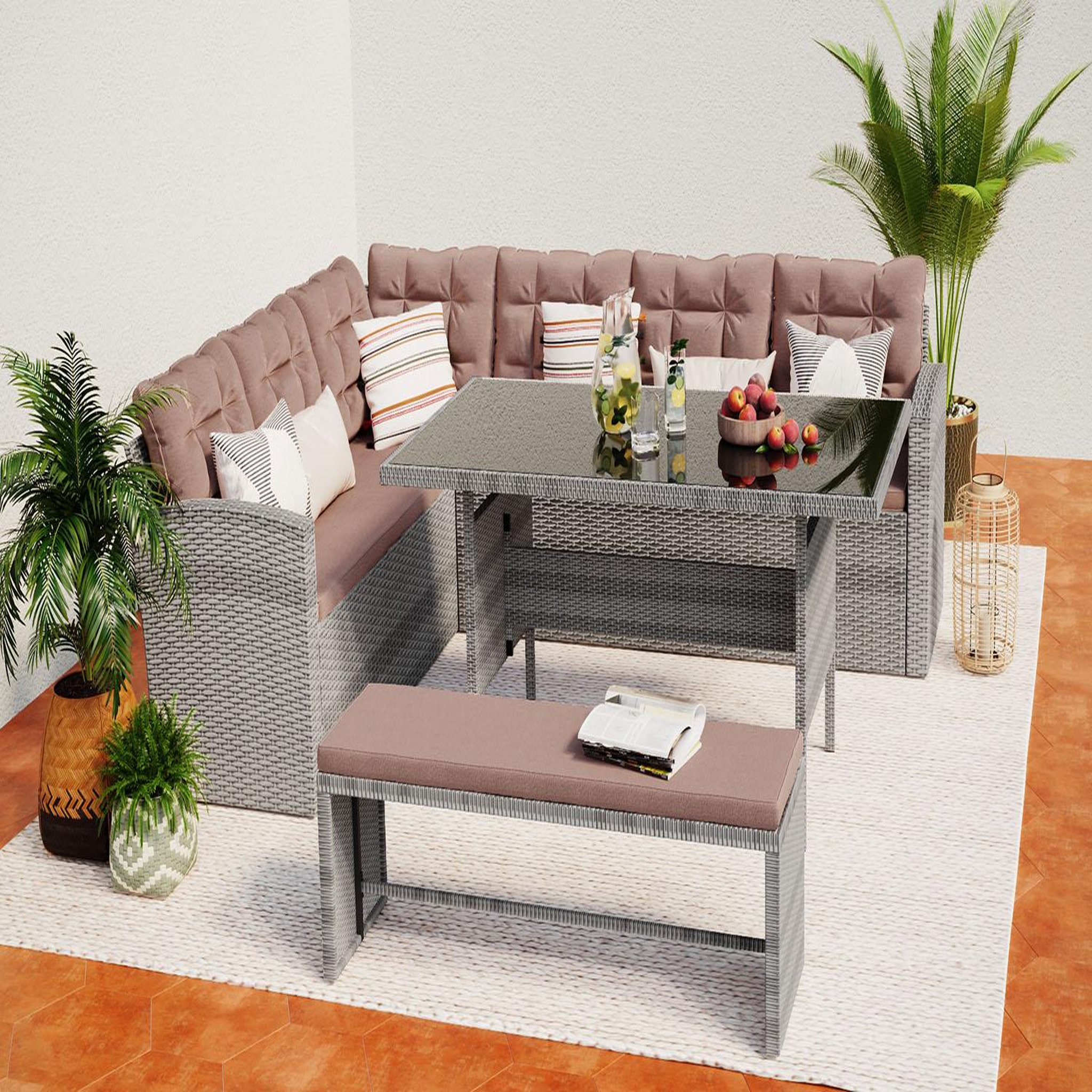 Voir la diapositive 2 : CONCEPT USINE Salon de jardin d'angle 8 places en résine gris & marron moorea
