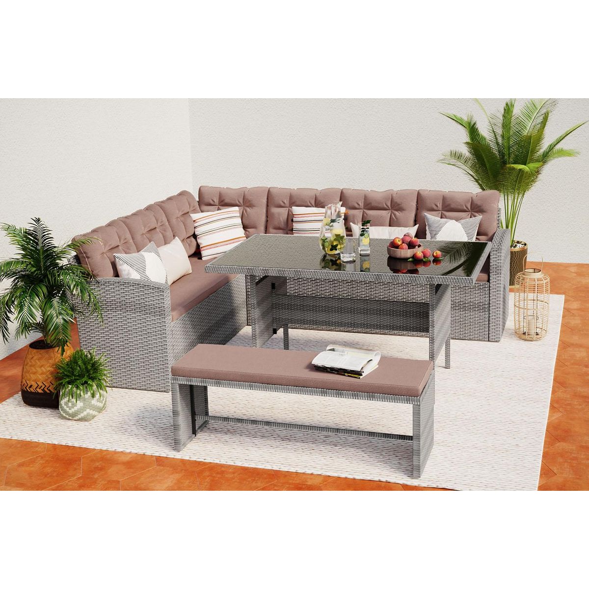 CONCEPT USINE Salon de jardin d'angle 8 places en résine gris & marron MOOREA