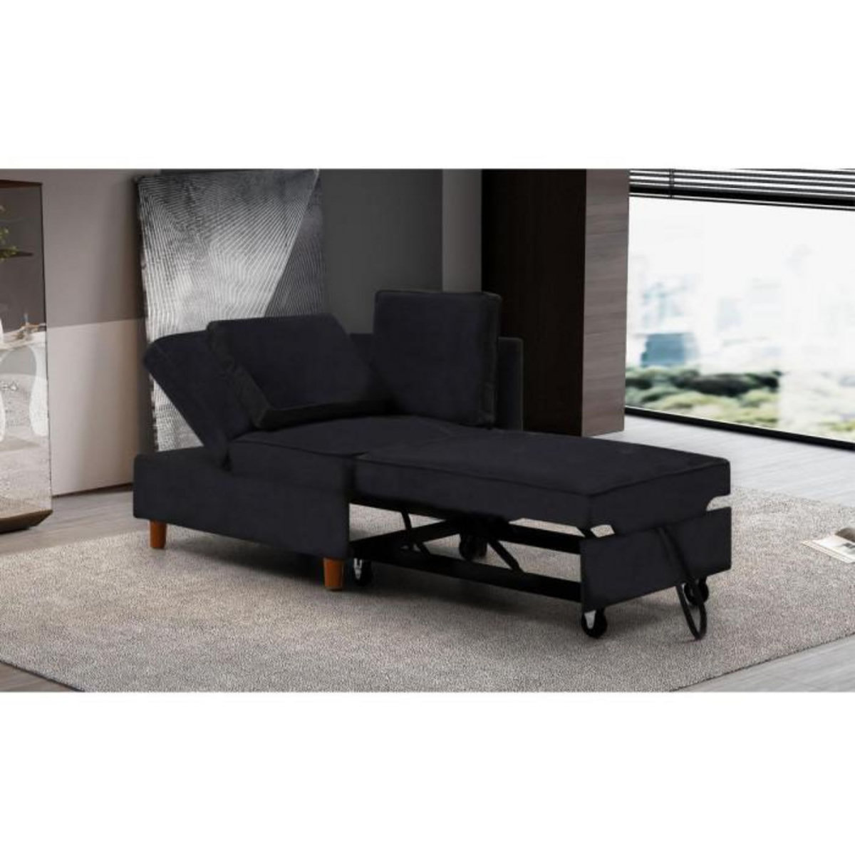 Paris Prix Banquette 2 Places Convertible Velours  Théo  107cm Noir