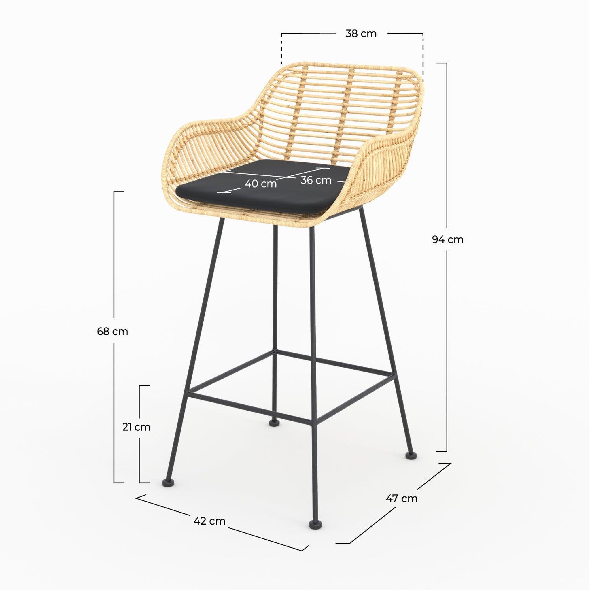 Voir la diapositive 4 : MAISON PAVANE Lot de 2 chaises pour îlot central 66 cm en rotin et tissu noir-pops