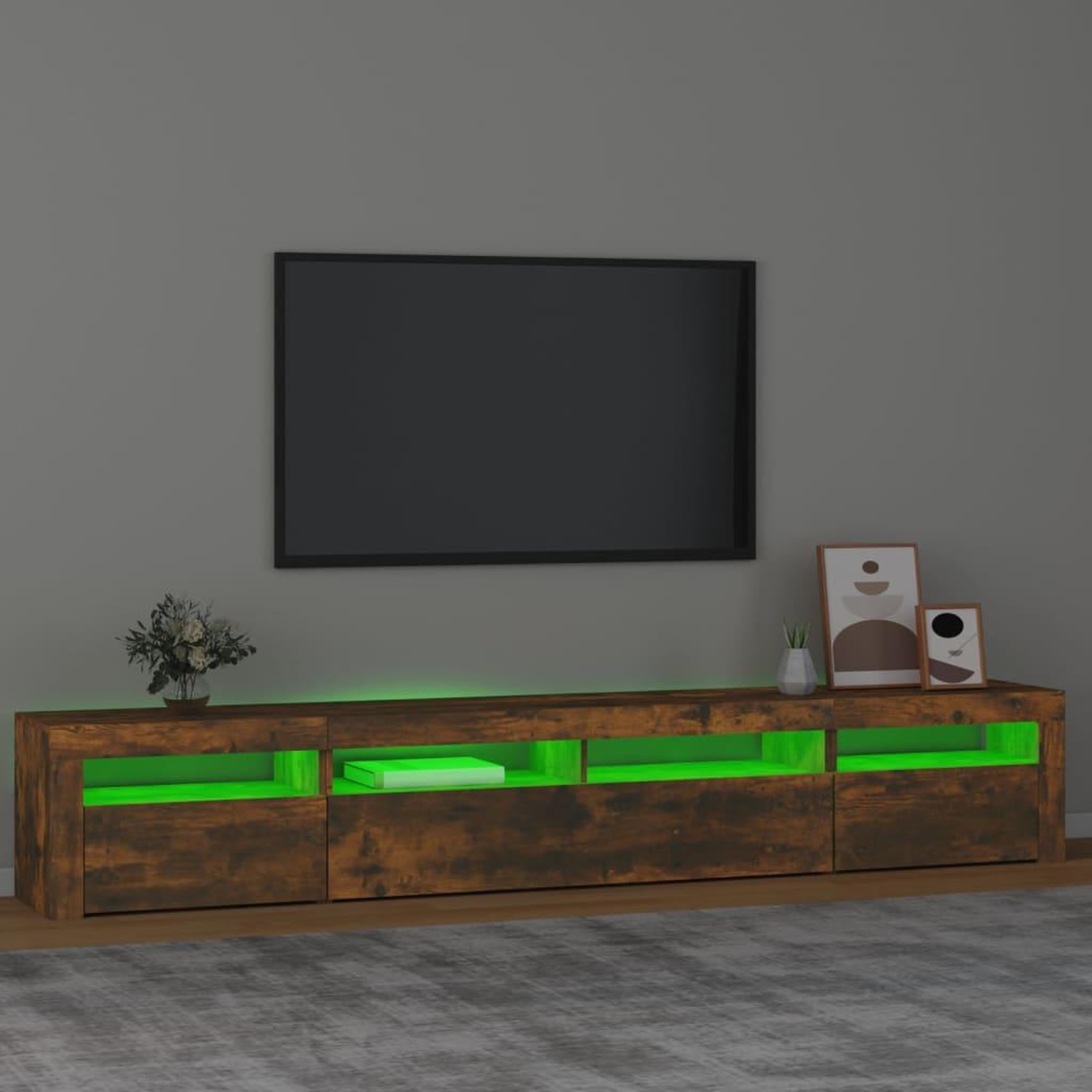 Voir la diapositive 4 : VIDAXL Meuble TV avec lumieres LED Chene fume 240x35x40 cm