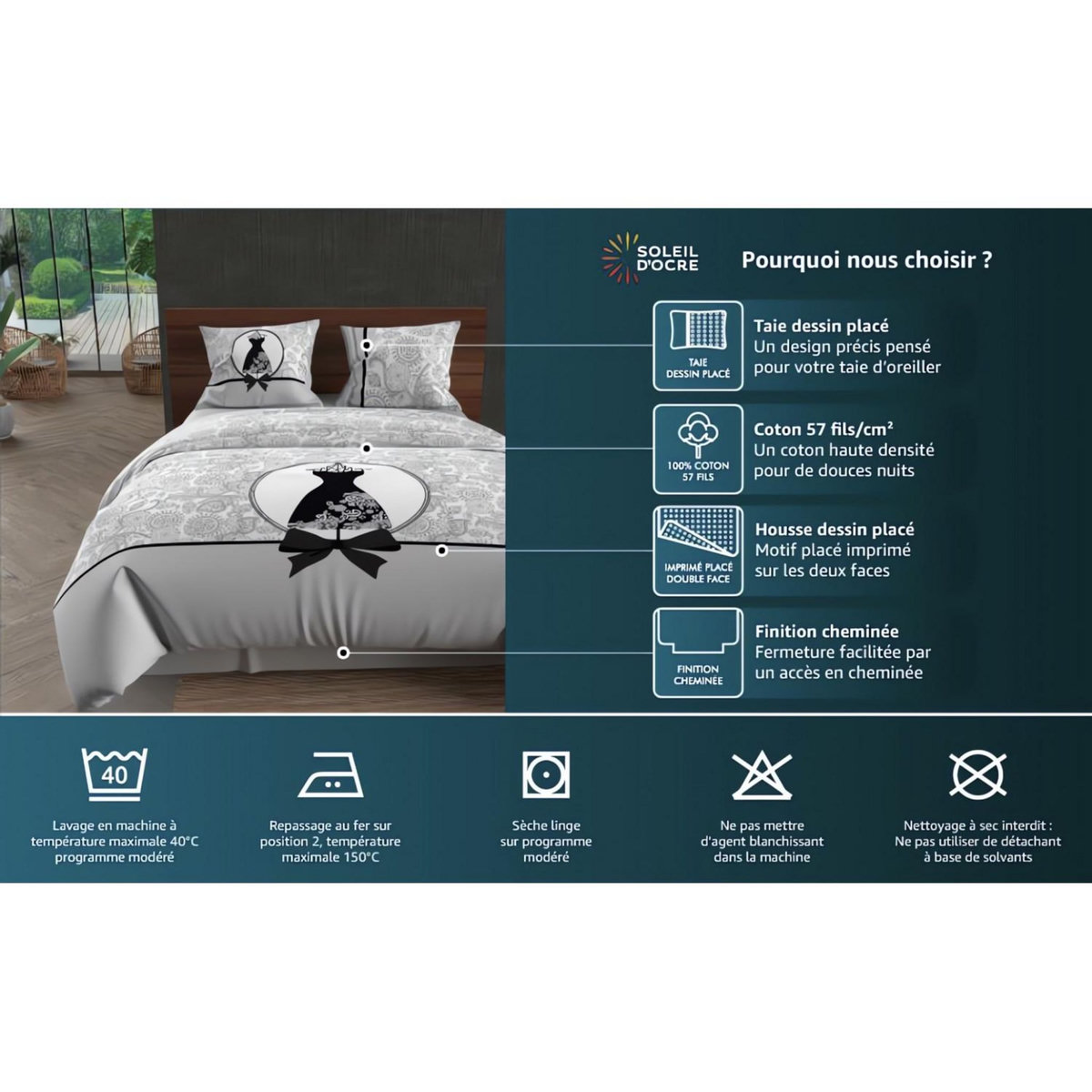 SOLEIL D'OCRE Parure housse de couette dessin placé 140X200 cm CARESSE, 100% coton 57 fils/cm2