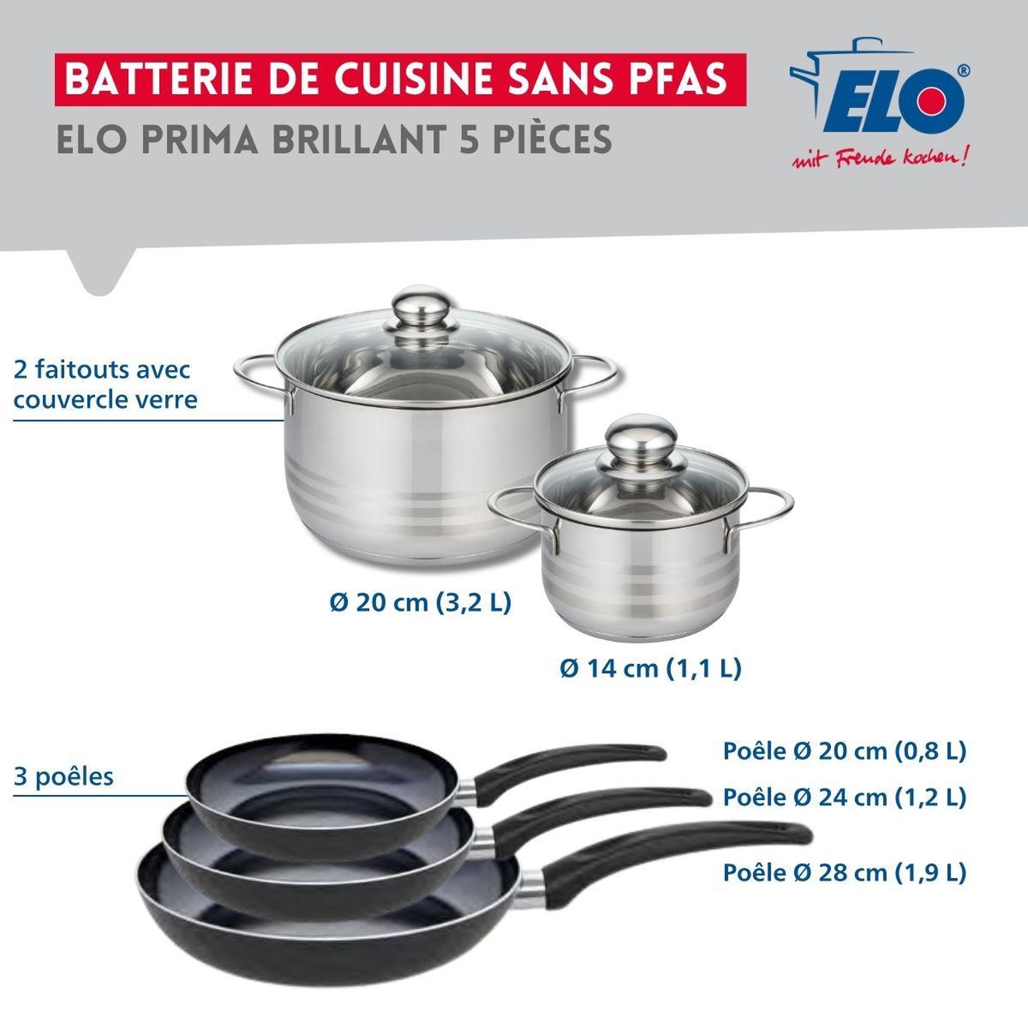 Voir la diapositive 2 : ELO Ensemble de 3 poêles de cuisson 20, 24 et 28 cm et 2 faitouts 14 et 20 cm elo prima brillant
