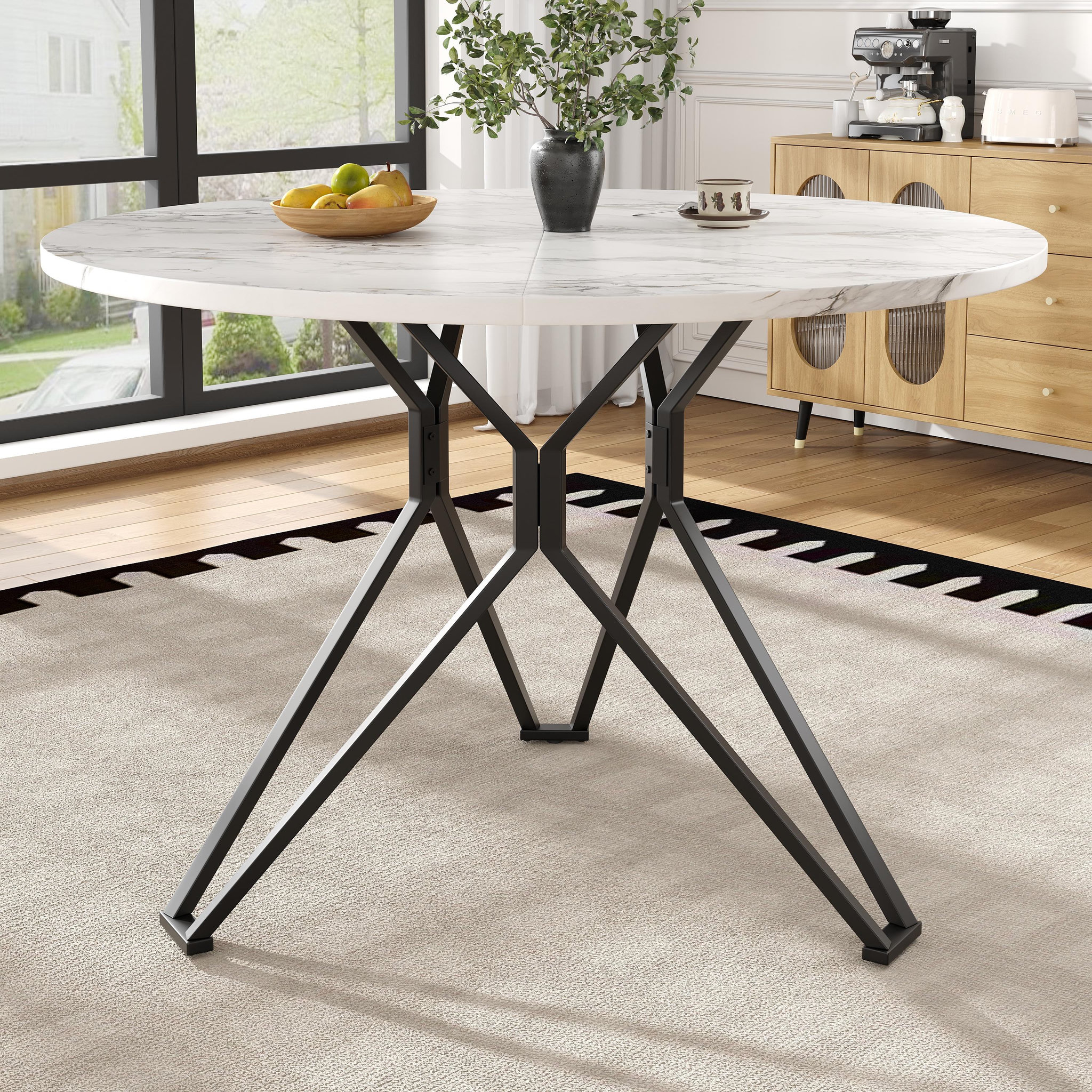 Voir la diapositive 2 : MERAX Table à manger ronde fixe blanc+noir - 100x100-100max.cm mdf