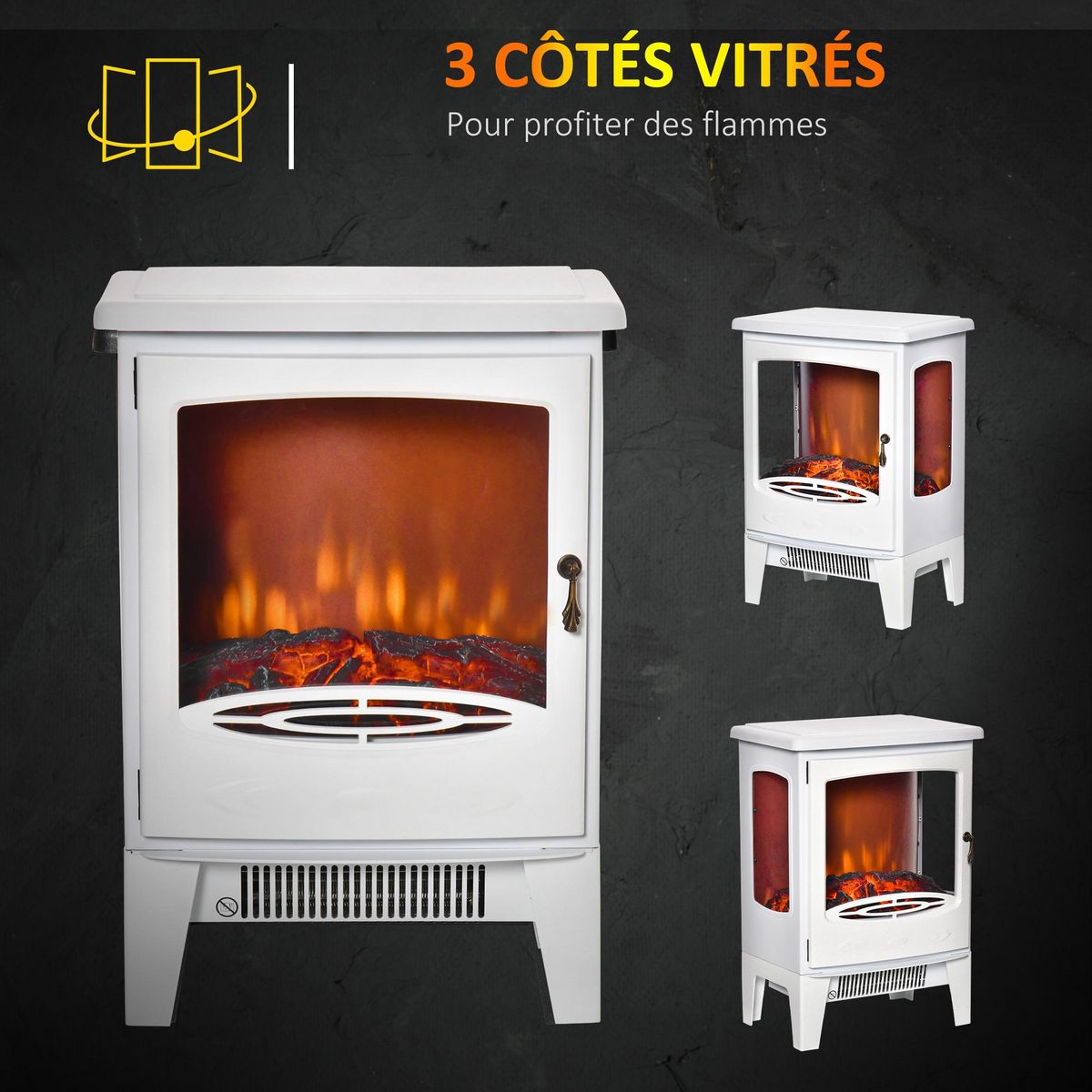 HOMCOM Cheminée électrique poêle style néo-rétro 1000-2000 W simulation flammes LED luminosité réglable acier ABS blanc