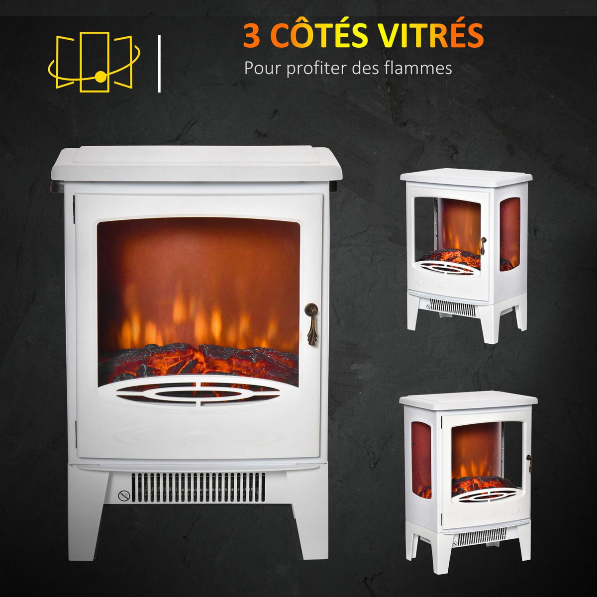 HOMCOM Cheminée électrique poêle style néo-rétro 1000-2000 W simulation flammes LED luminosité réglable acier ABS blanc