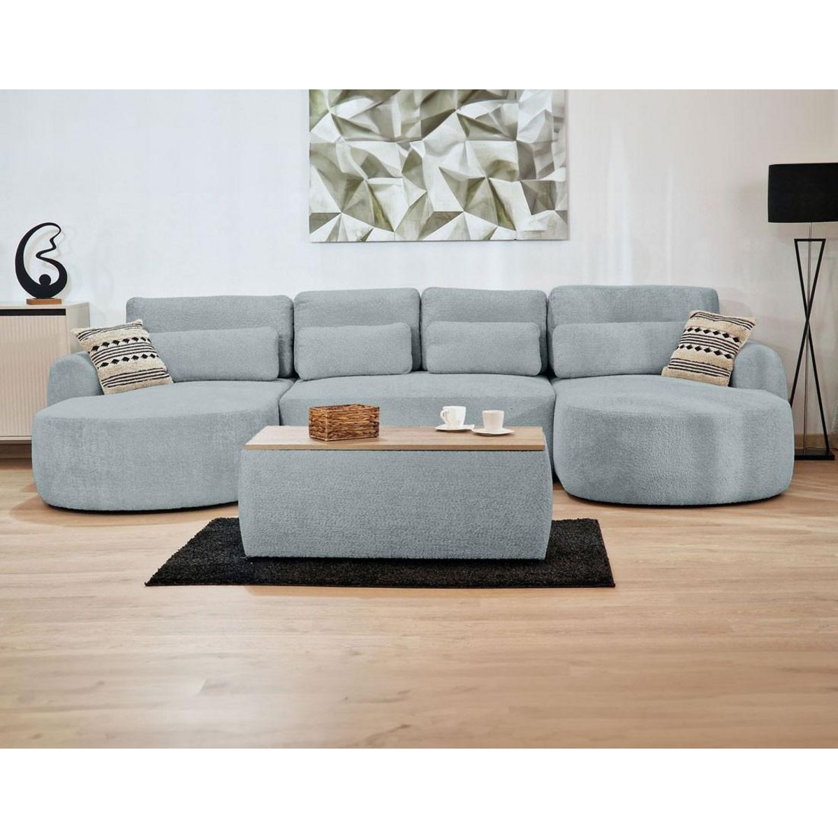 BEST MOBILIER Mahina - canapé panoramique en u 7 places - convertible avec coffre - en tissu bouclette