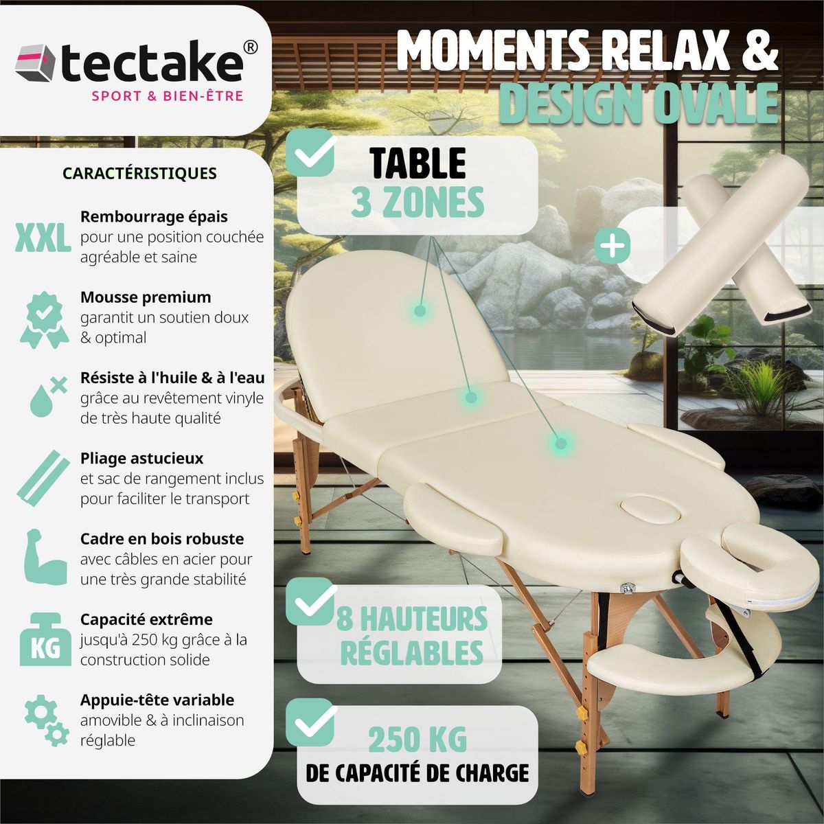 tectake Table de massage portable pliante à 3 zones confortable Largeur 70 cm et rembourrage 5 cm beige