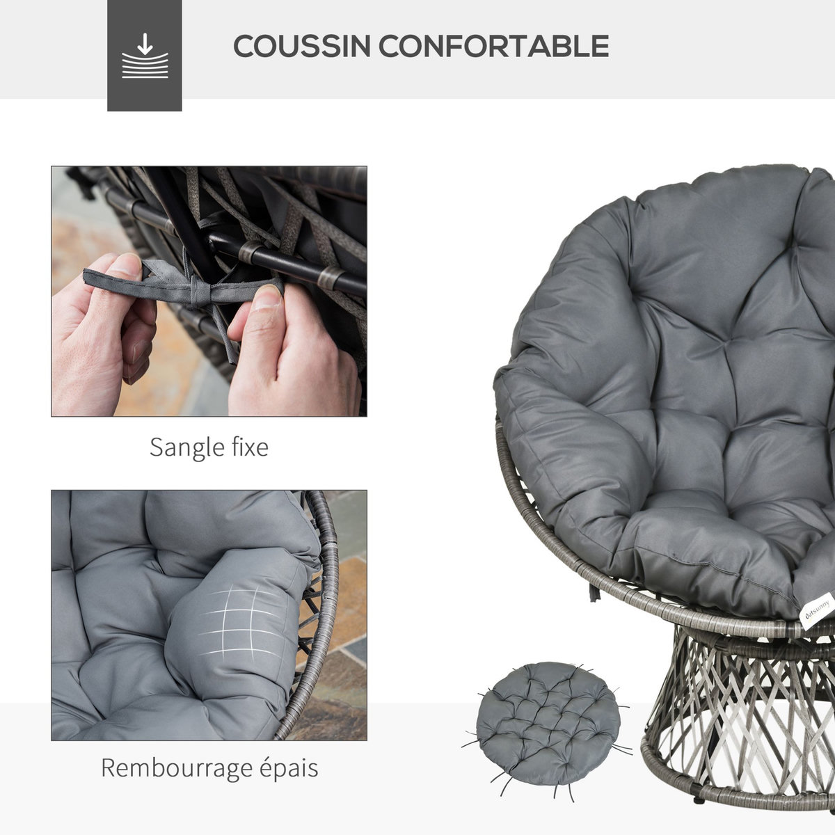 OUTSUNNY Fauteuil rond de jardin fauteuil papasan pivotant grand confort Ø 97 x 86H cm grand coussin fourni polyester résine tressée gris