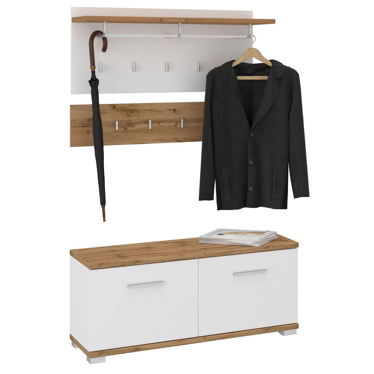 IDIMEX Ensemble banc à chaussures et porte manteau mural VIELLA en mélaminé couleur chêne wotan et blanc