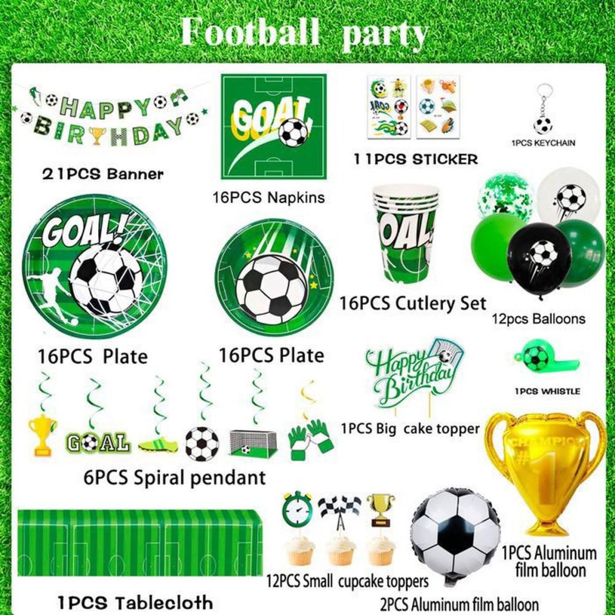 Voir la diapositive 6 : Kit vaisselle et décoration anniversaire football INBOXXARTY avec banderole, nappe, assiettes, couverts, ballons, sifflet et accessoires