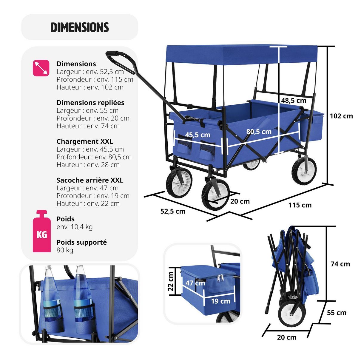 tectake Chariot de jardin et de transport pliable avec toit bleu