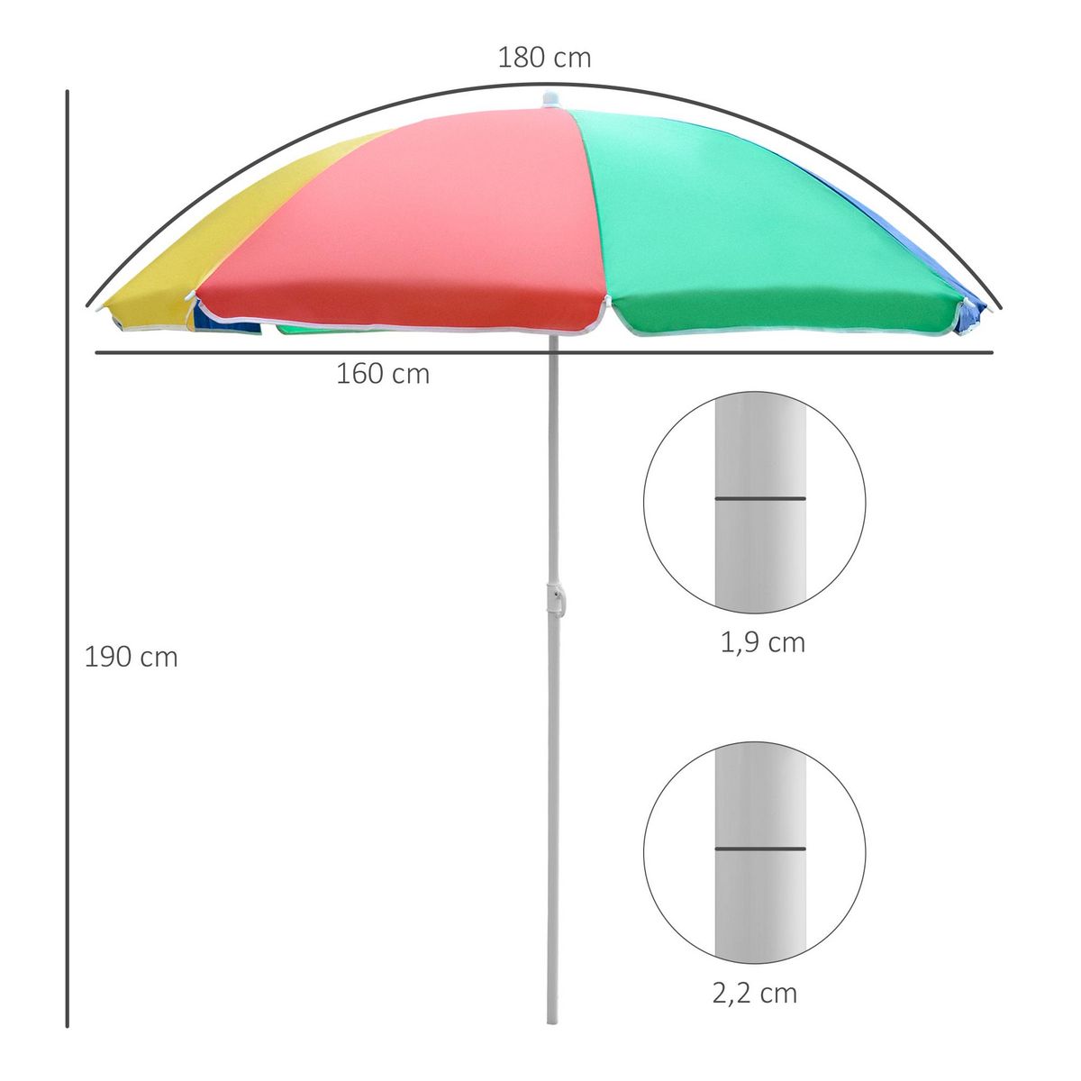 HOMCOM Parasol inclinable rond Ø 160 cm mât démontable métal polyester haute densité multicolore