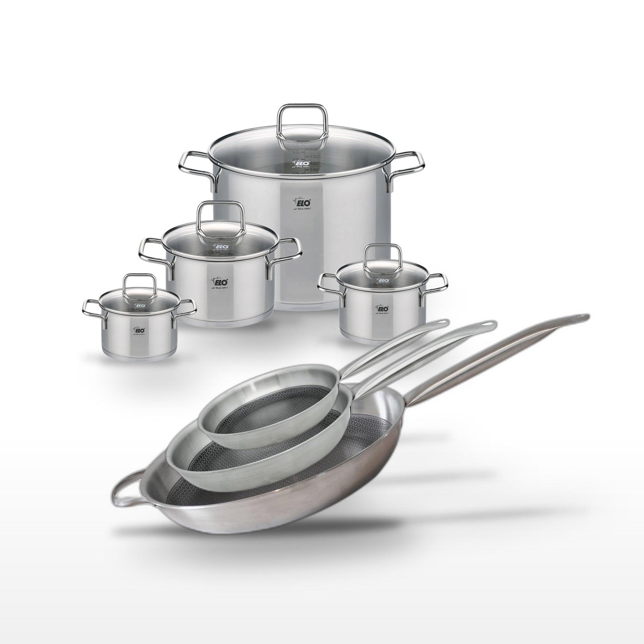 ELO Batterie de cuisine avec 3 poêles 24/28/32 cm et 4 faitouts 14/16/20/26 cm en inox sans pfas elo collection relief solution citrin
