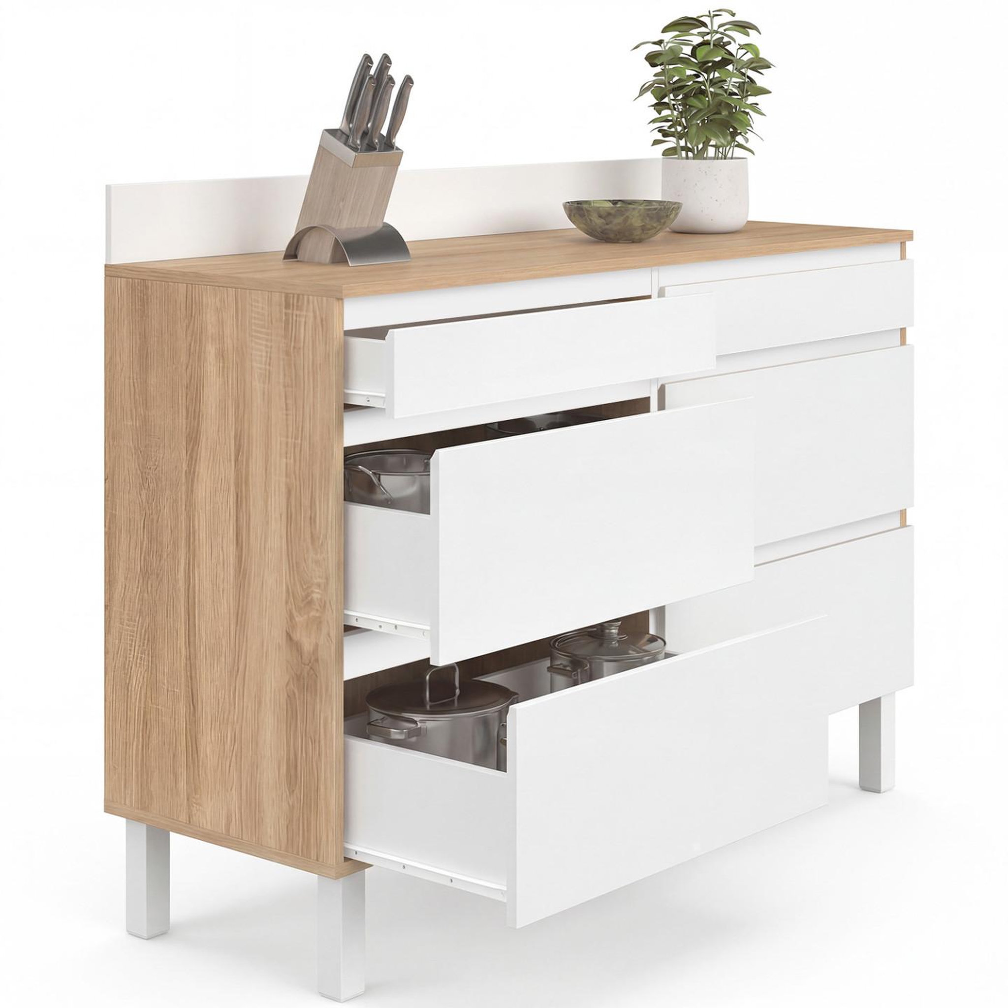 ID MARKET Buffet bas double casserolier de cuisine 120 cm claude plan de travail h. 83 cm 6 tiroirs bois et blanc