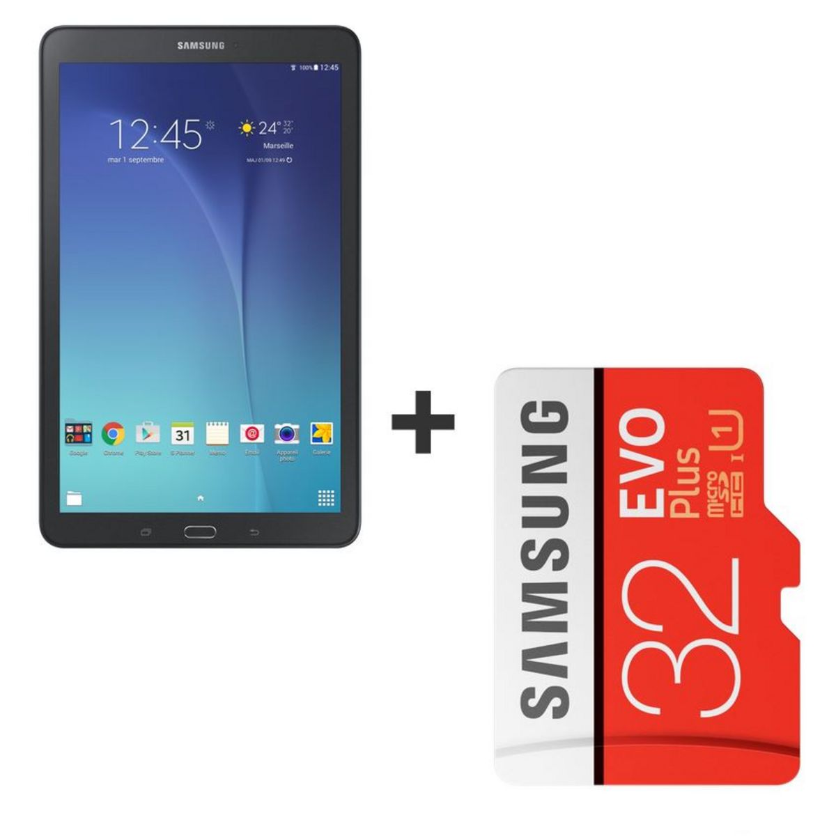 SAMSUNG Pack Tablette Tab E - Noire - 8Go & Carte mémoire Micro SD EVO PLUS 32 Go + adaptateur SD - Grade 3 classe 10 - jusqu'à 100 Mo/s 