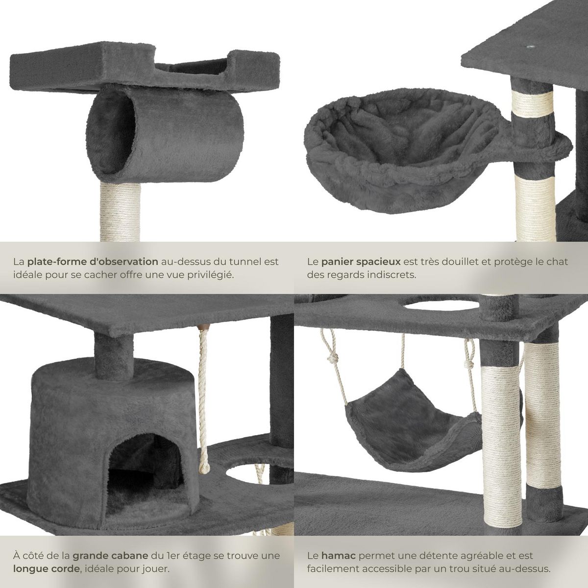 tectake Arbre à chat 141 cm avec griffoir et plateforme d'escalade gris