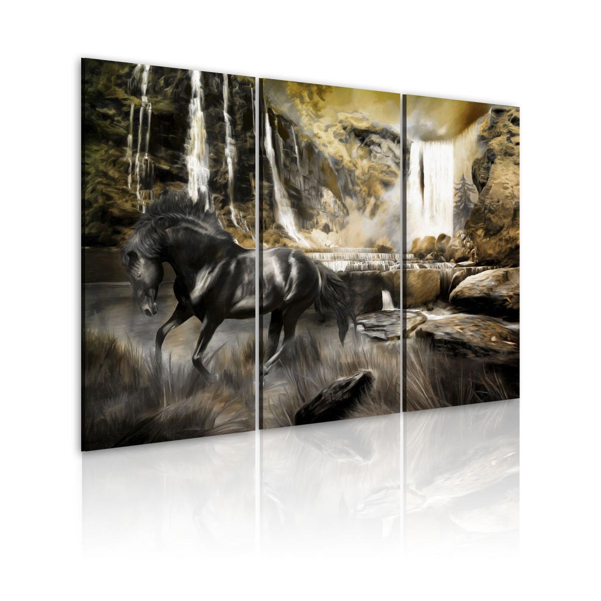 Voir la diapositive 1 : Paris Prix Tableau Imprimé  Cheval Noir & Cascade Rocheuse