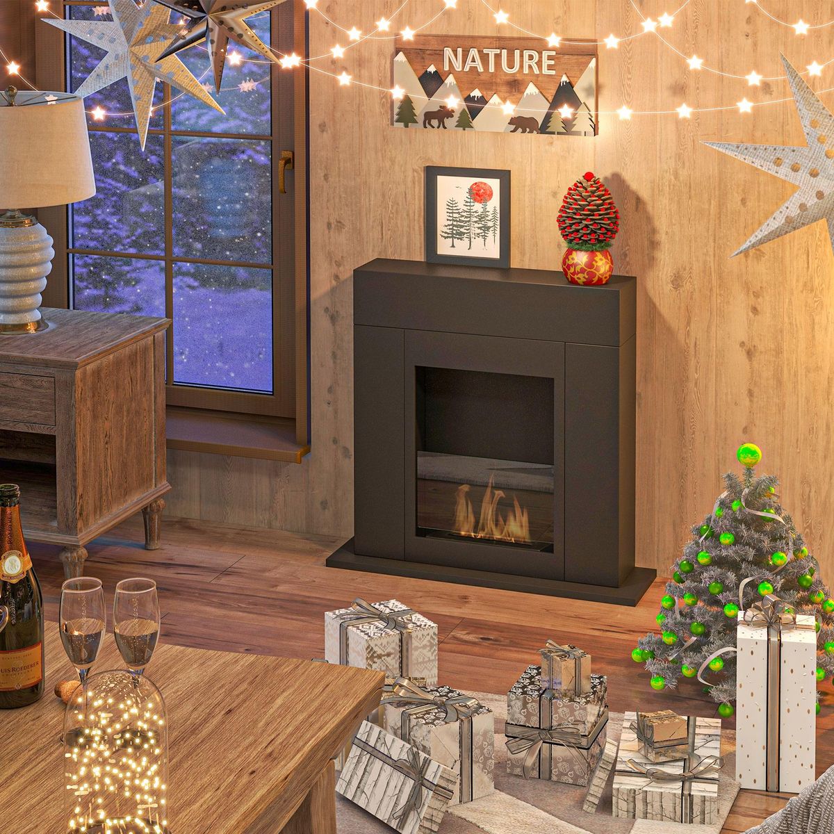 HOMCOM Cheminée bioéthanol design contemporain - brûleur 0,9 L - contrôle de flamme inclus - acier noir verre trempé